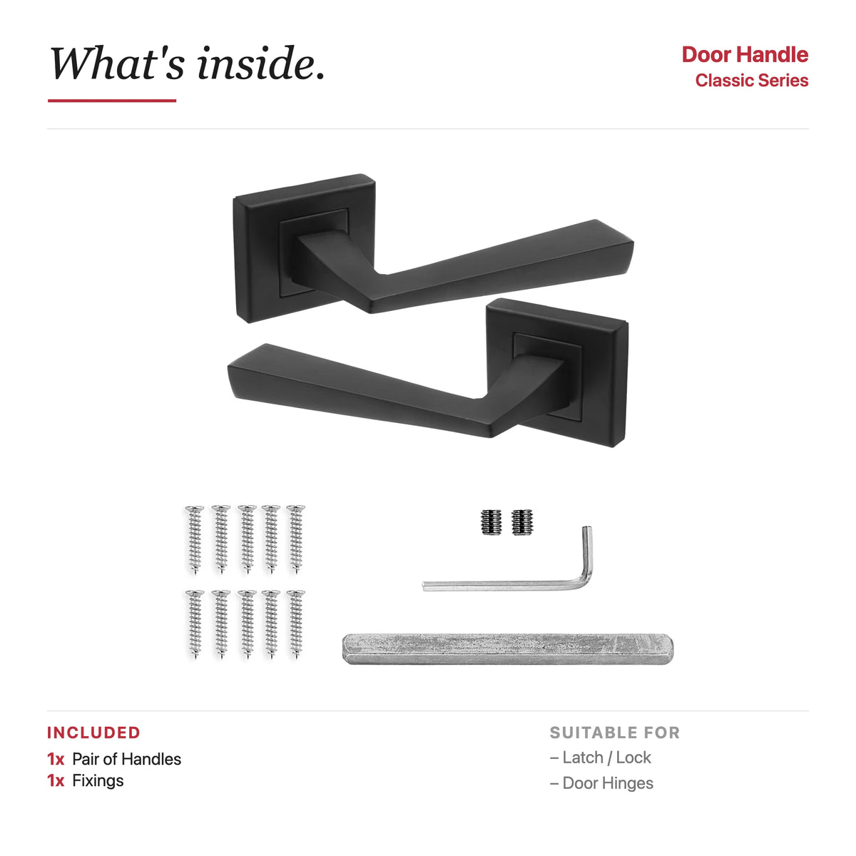 Helix Matt Black Door Lever Handles – showing what's included in the box