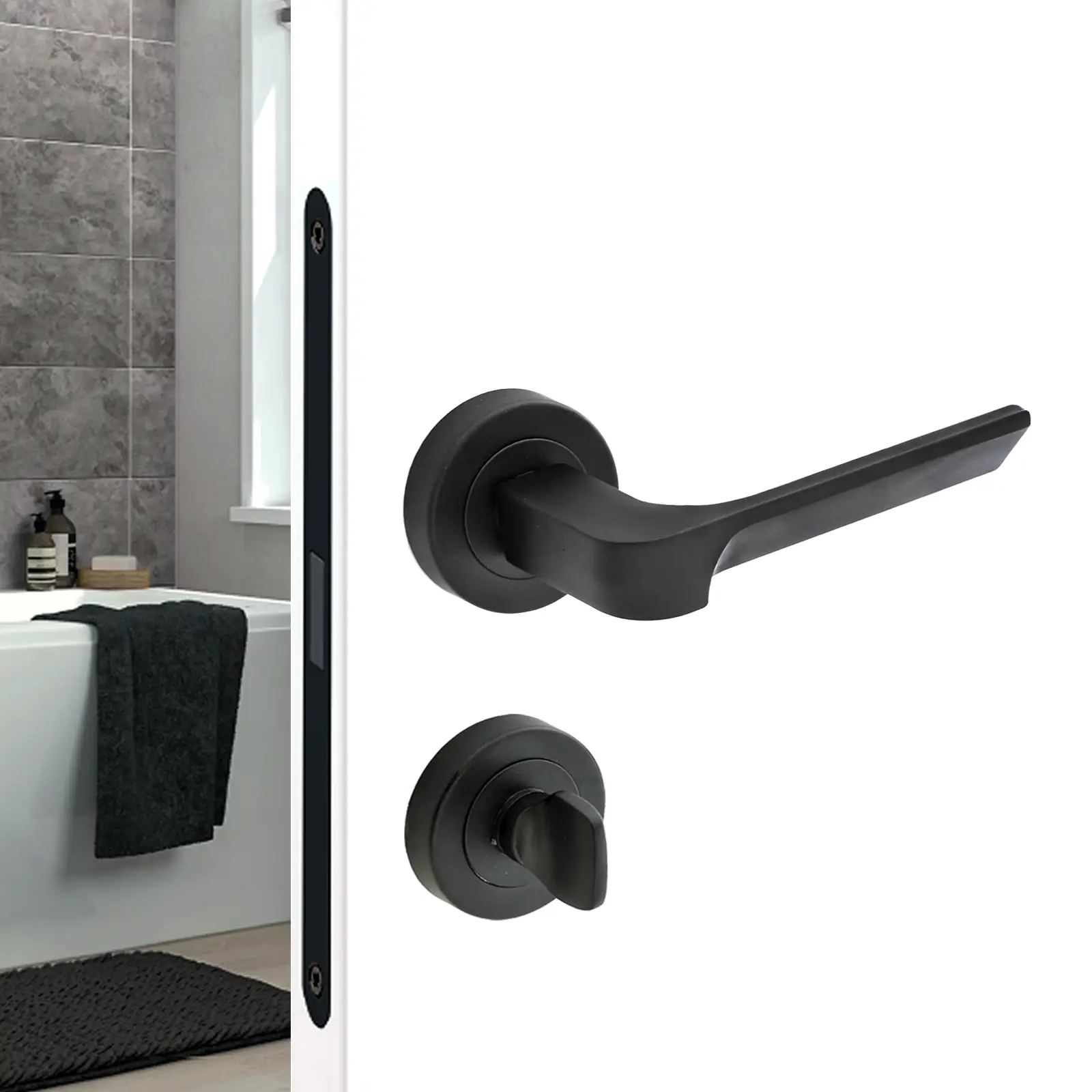 Mirage Matt Black Bathroom Door Lever Handles - Bathroom Kit Set - Decor And Decor