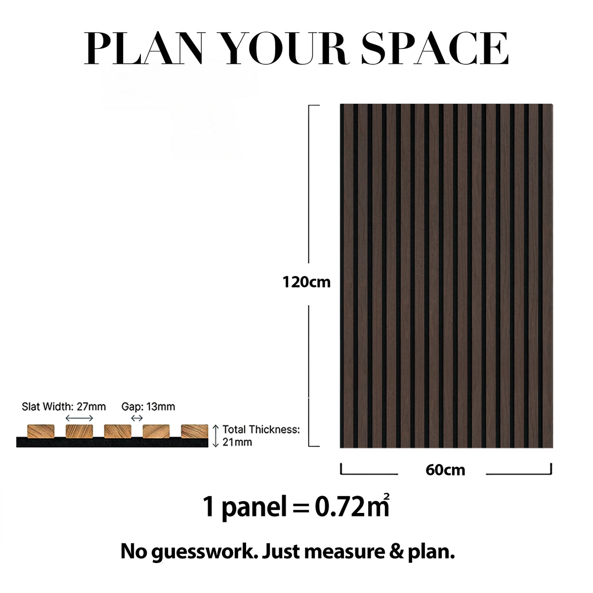 Acoustic Slat Wood Wall Panel - Smoked Oak - 1200 - 2 Pack – dimensions and measurements diagram