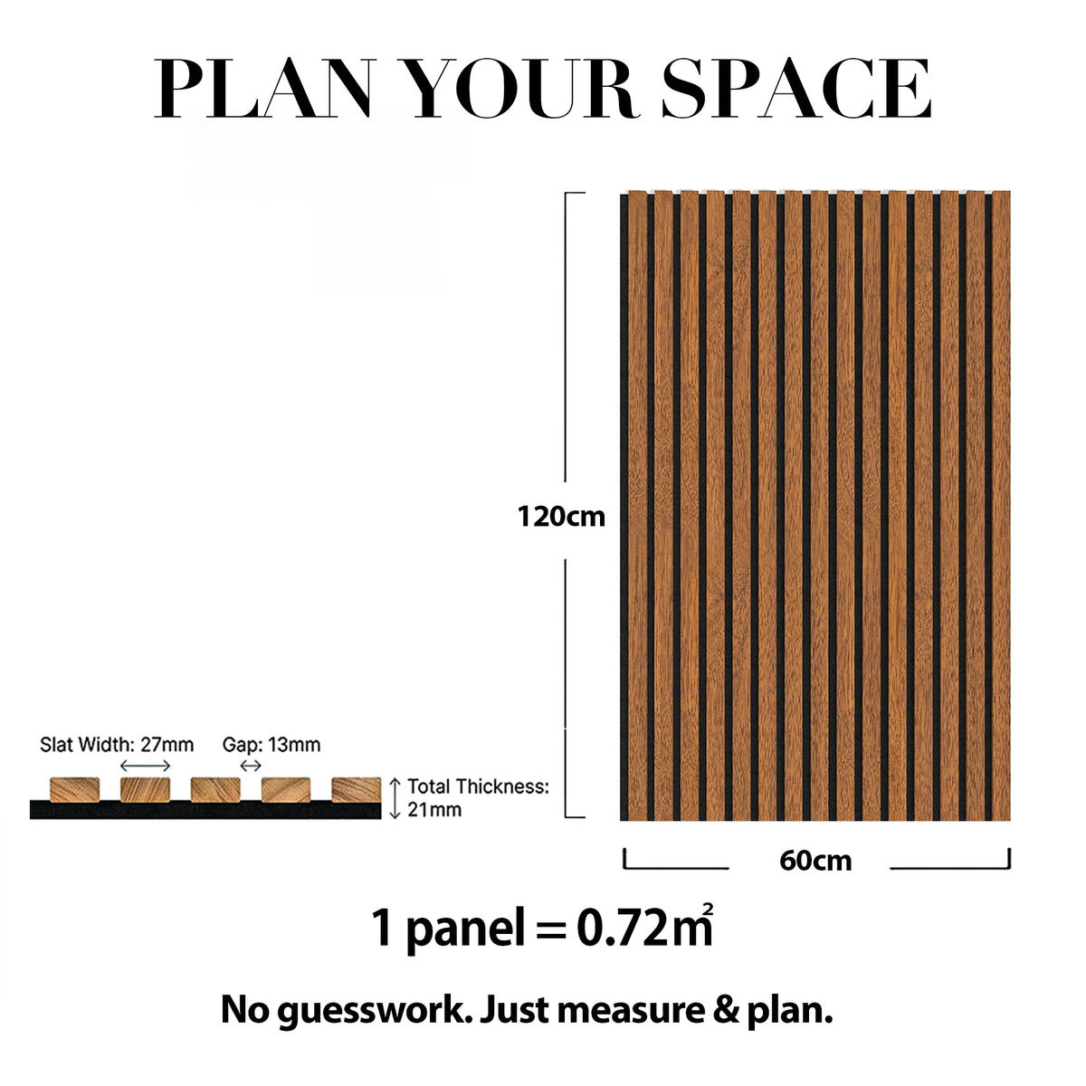 Acoustic Slat Wood Wall Panel - WALNUT - 1200 - 2 Pack – dimensions and measurements diagram