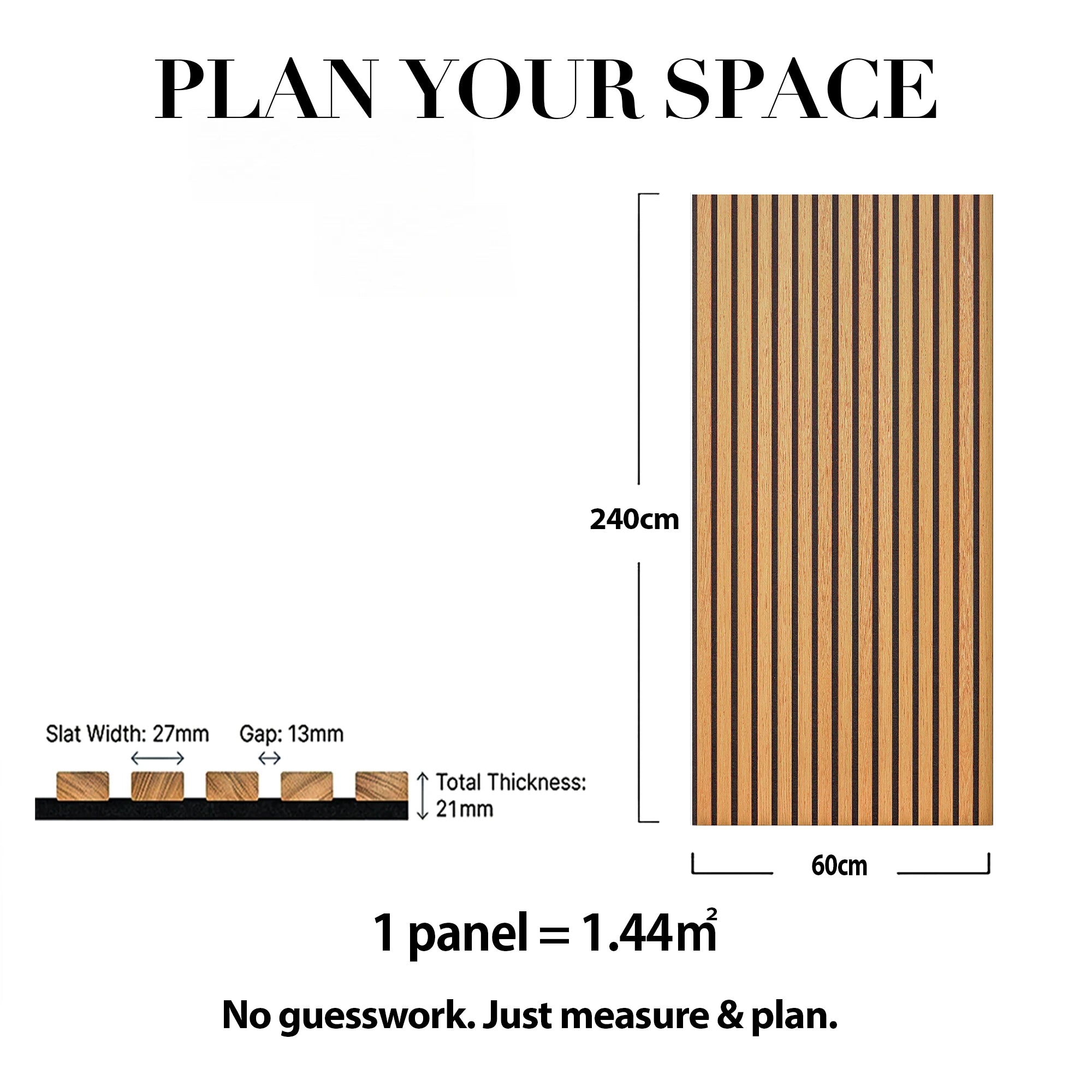 Acoustic Slat Wood Wall Panel - Oak - 2400 - 2 Pack – dimensions and measurements diagram