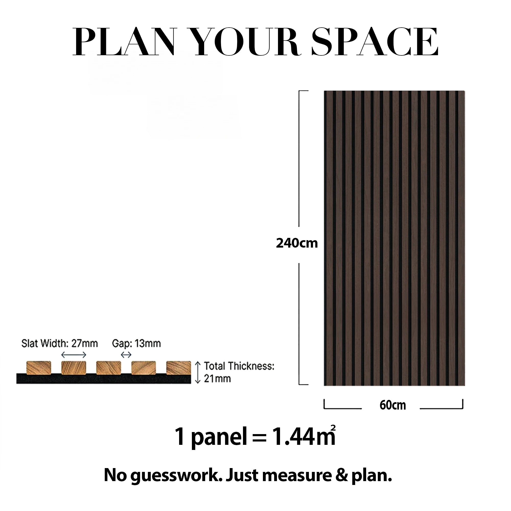 Acoustic Slat Wood Wall Panel - Smoked Oak - 2400 - 2 Pack – dimensions and measurements diagram