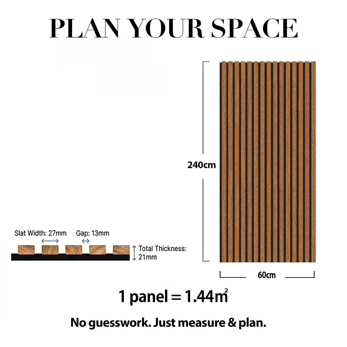 Acoustic Slat Wood Wall Panel - Walnut - 2400 - 2 Pack – dimensions and measurements diagram
