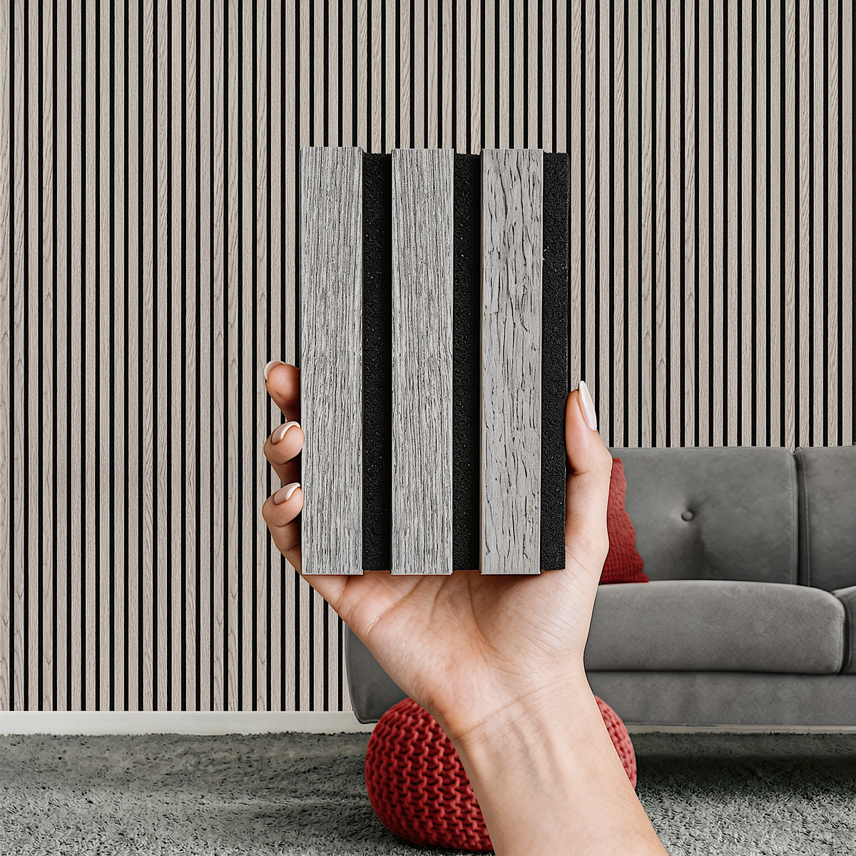 Acoustic Slat Wood Wall Panel - Grey Oak - 2400 – held in hand to show the size and finish