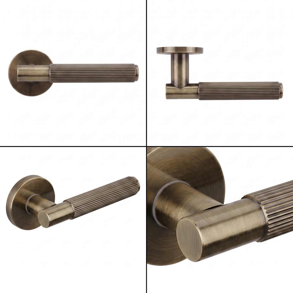 Hera Antique Brass Door Lever Handles – shown from multiple angles