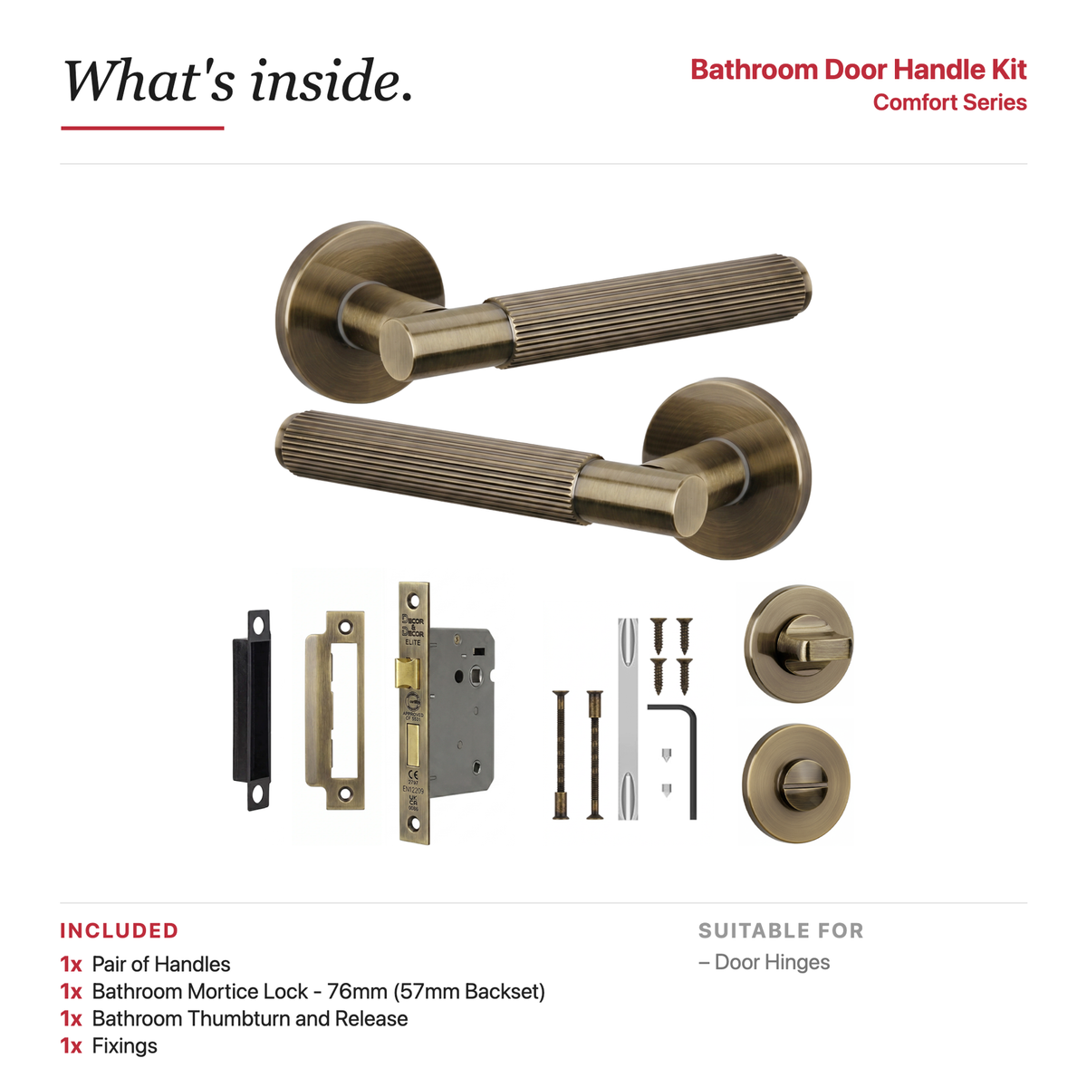 Hera Antique Brass Bathroom Door Lever Handles – showing what's included in the box