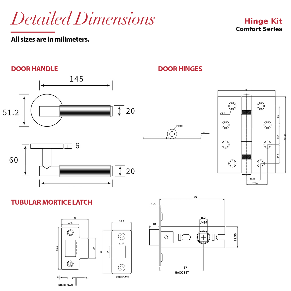 Hera Antique Brass Passage Door Lever Handles – dimensions and measurements diagram