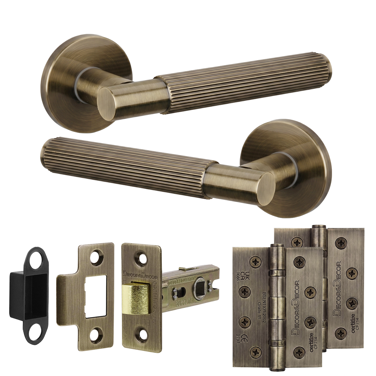 Hera Antique Brass Passage Door Lever Handles - Hinge Kit 102mm