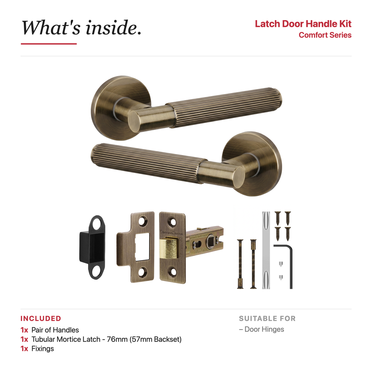 Hera Antique Brass Passage Door Lever Handles – showing what's included in the box