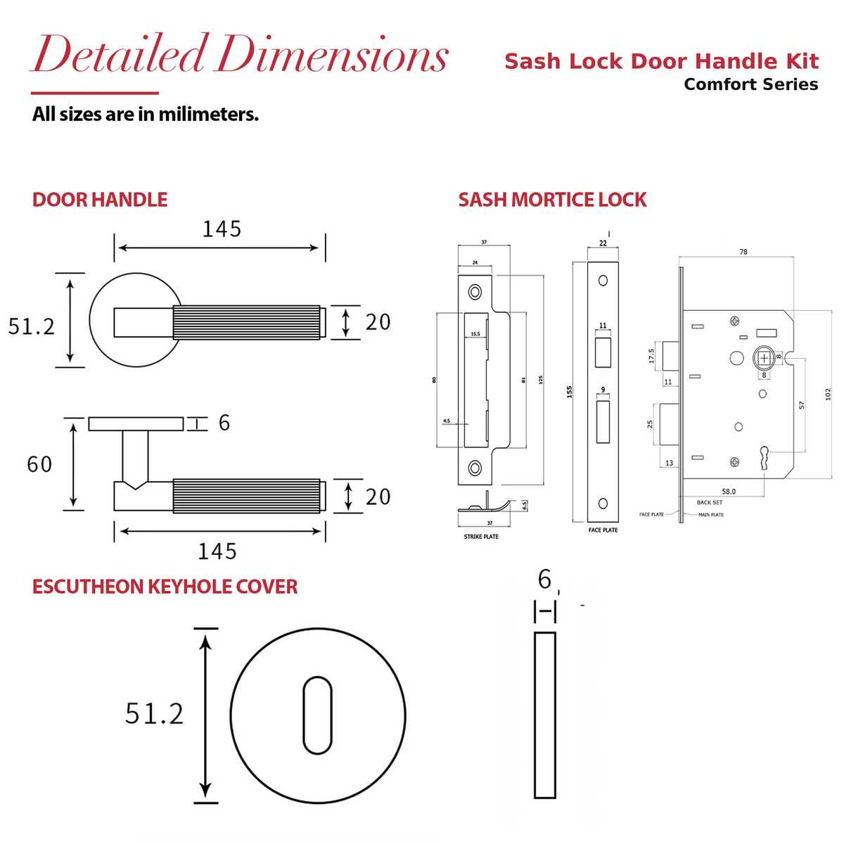 Hera Antique Brass Privacy Door Lever Handles – dimensions and measurements diagram