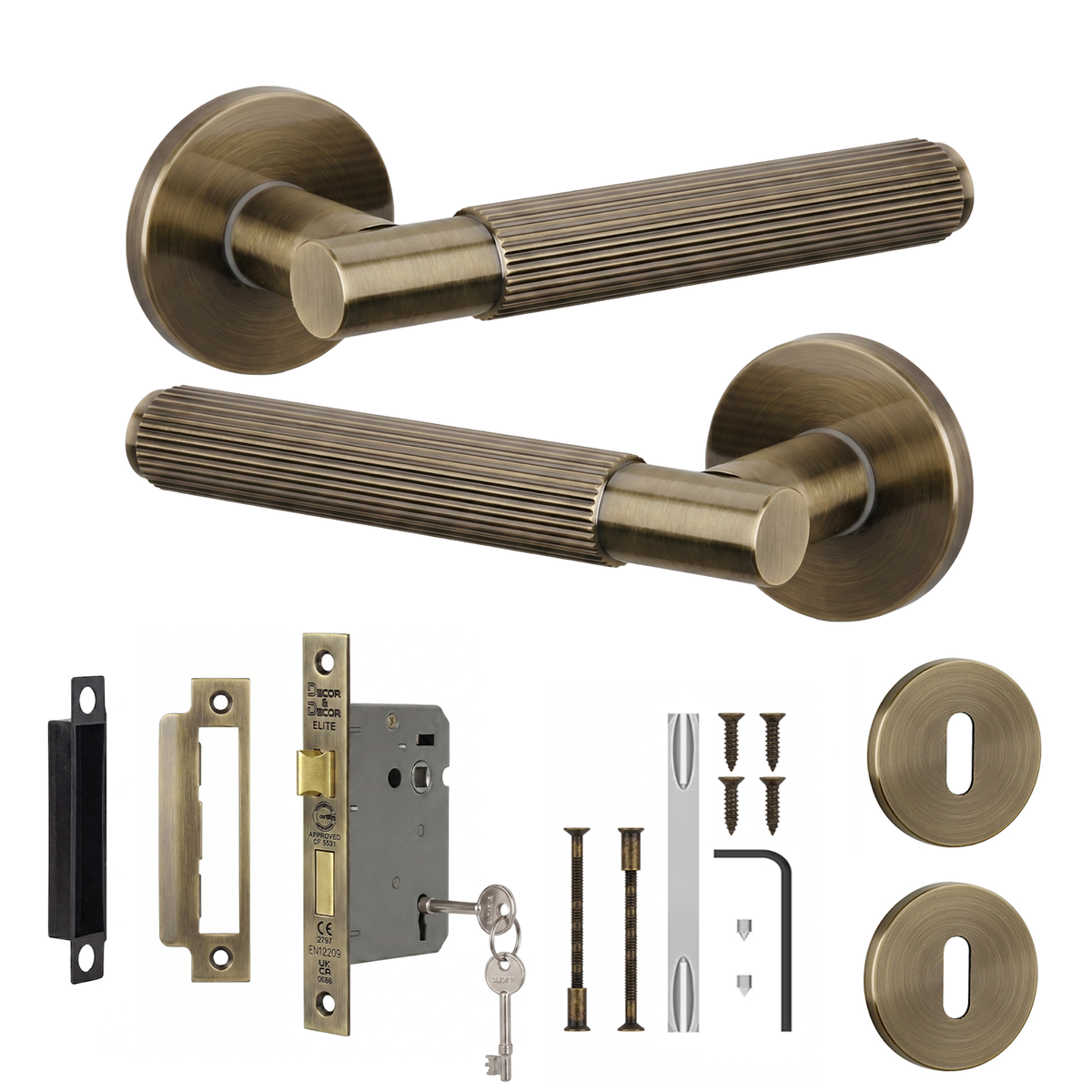 Hera Antique Brass Privacy Door Lever Handles - Sash Lock Kit 76mm