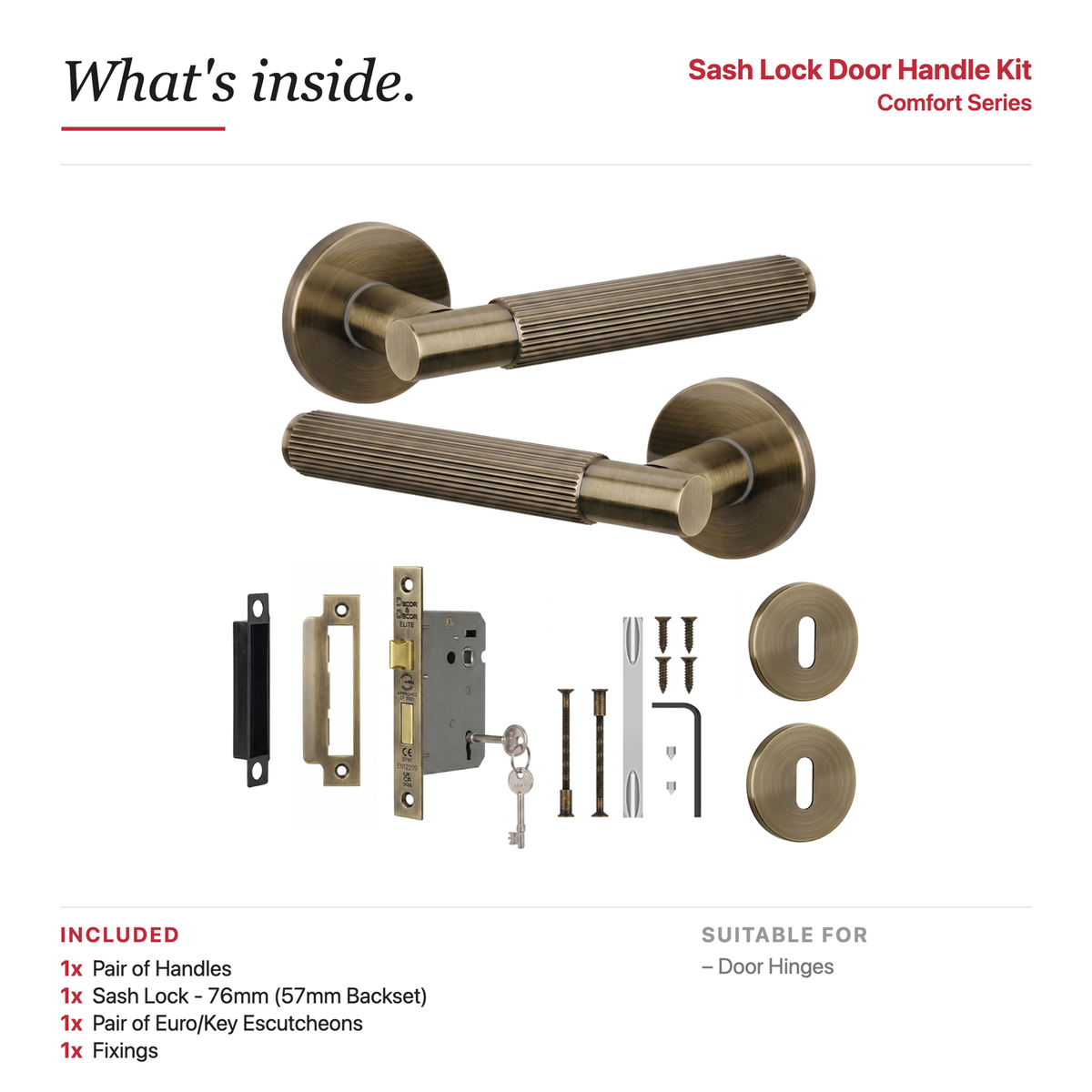 Hera Antique Brass Privacy Door Lever Handles – showing what's included in the box