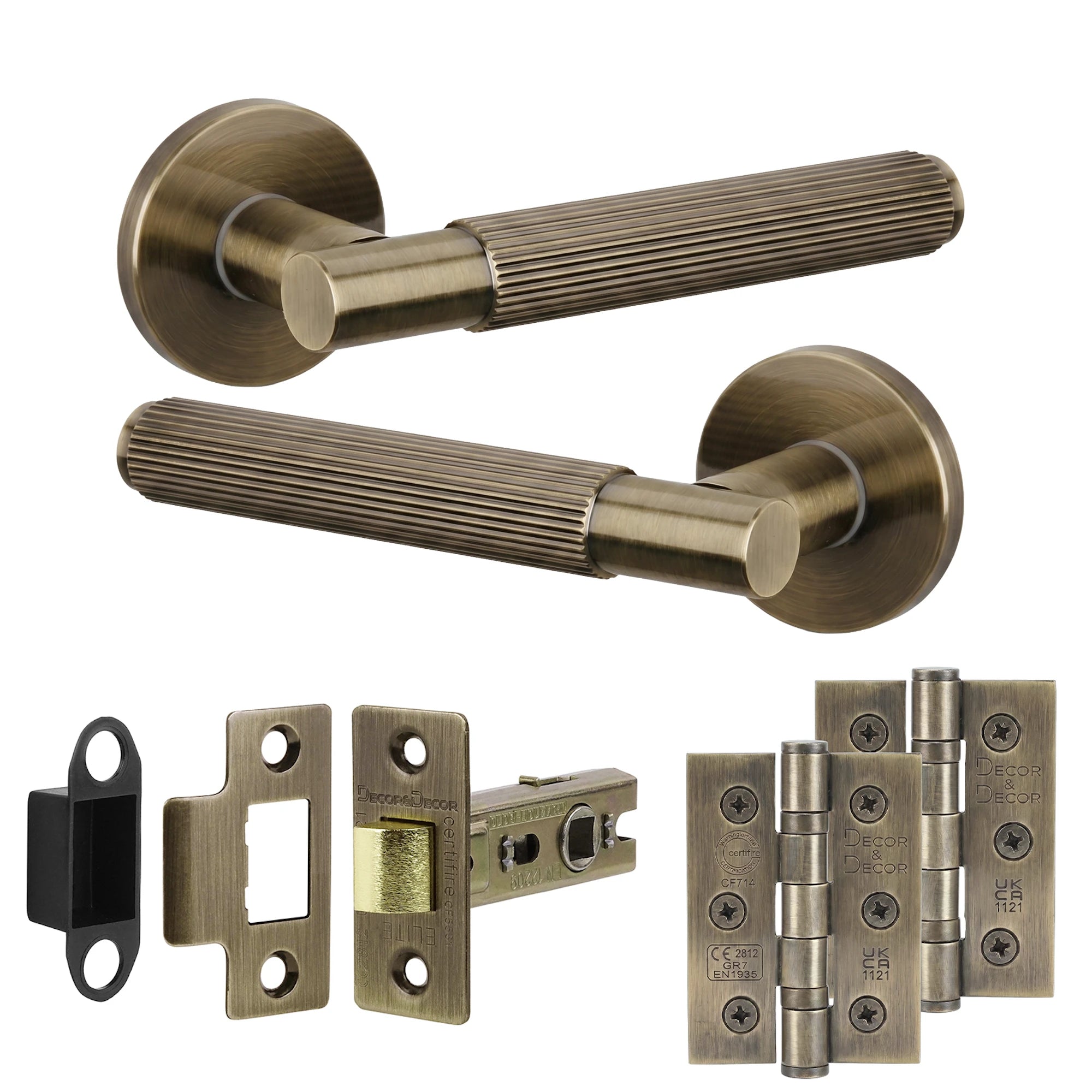 Hera Antique Brass Passage Door Handles - Latch and Hinge Set
