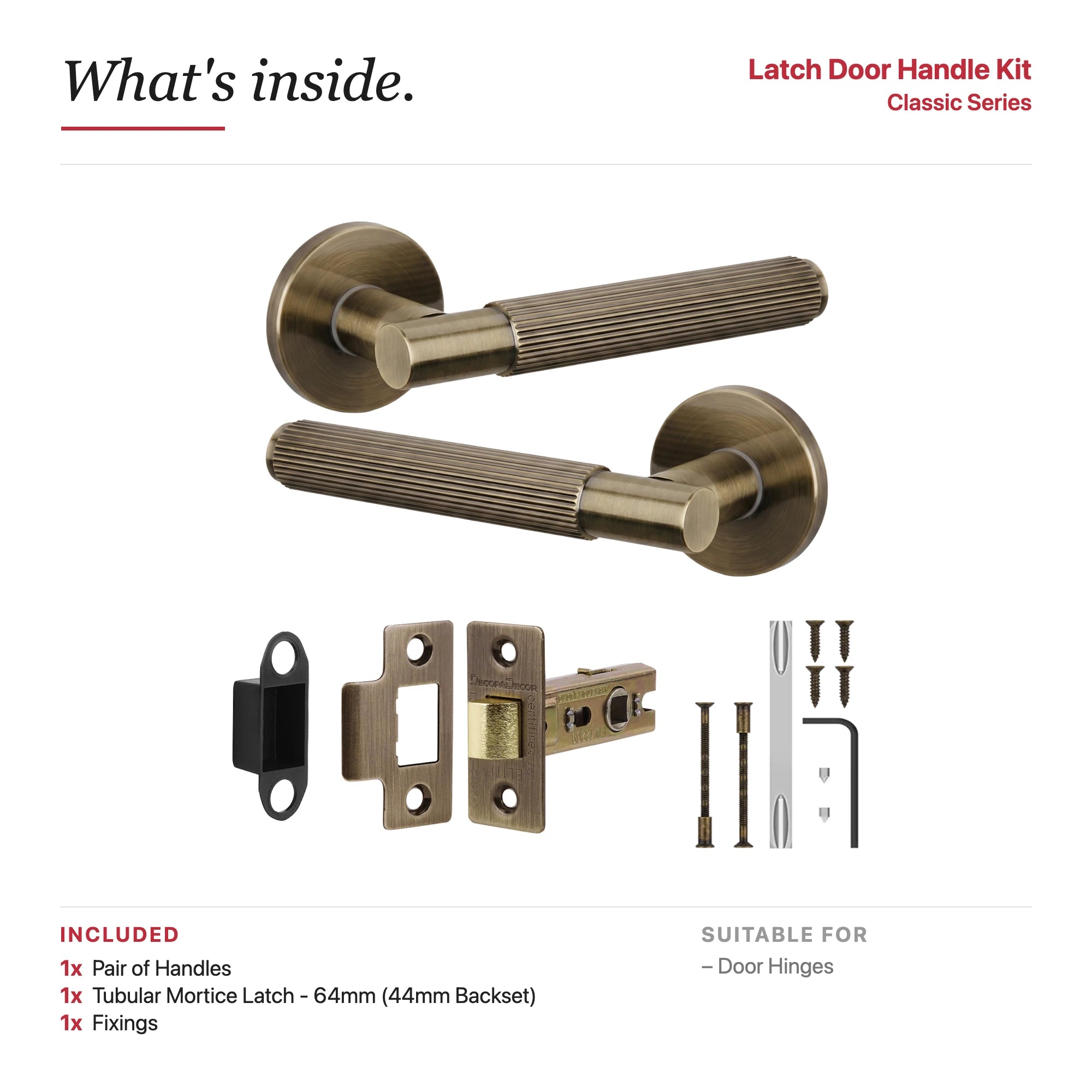 Hera Antique Brass Passage Door Handles – showing what's included in the box