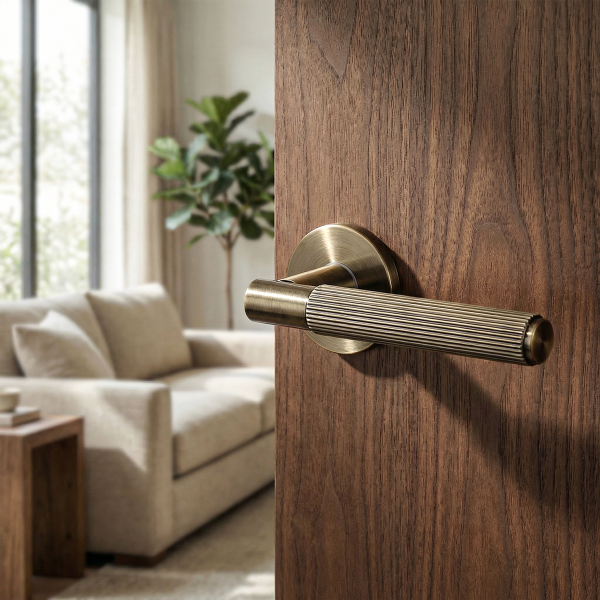 Hera Antique Brass Door Lever Handles – fitted on an interior door in a styled room setting
