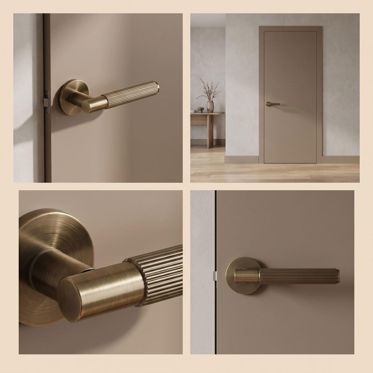 Hera Antique Brass Privacy Door Lever Handles – fitted on an interior door in a styled room setting 10