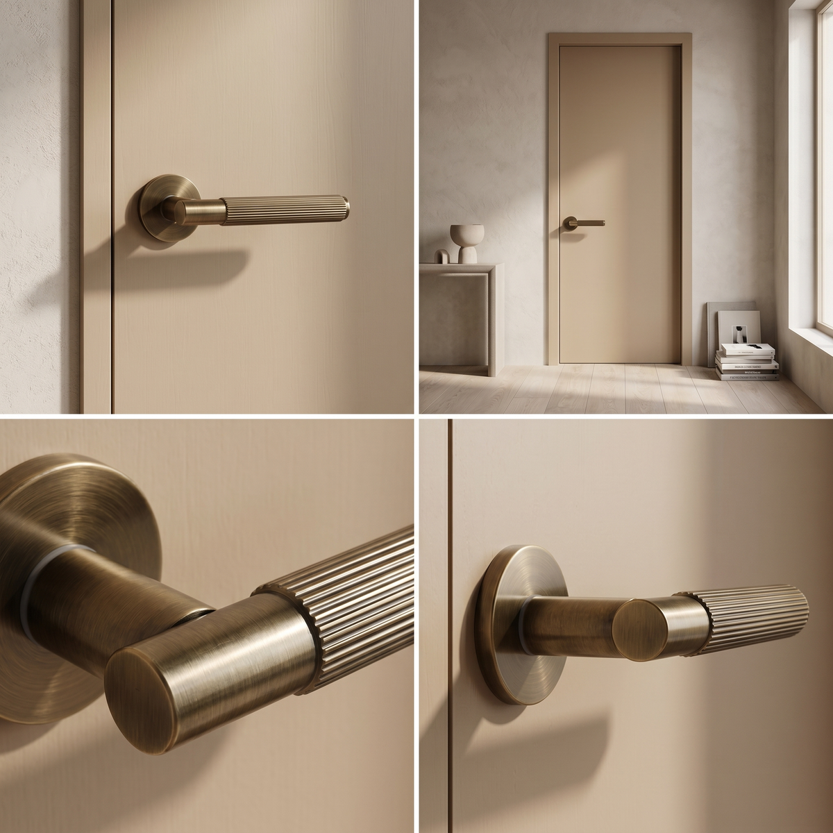 Hera Antique Brass Door Lever Handles – fitted on an interior door in a styled room setting 11