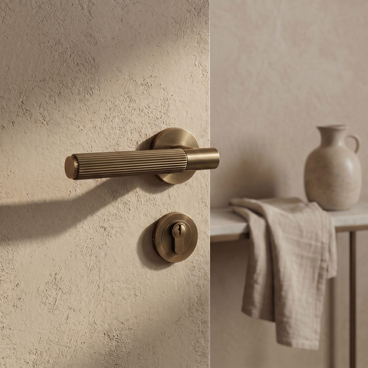 Hera Antique Brass Passage Door Lever Handles – fitted on an interior door in a styled room setting 12
