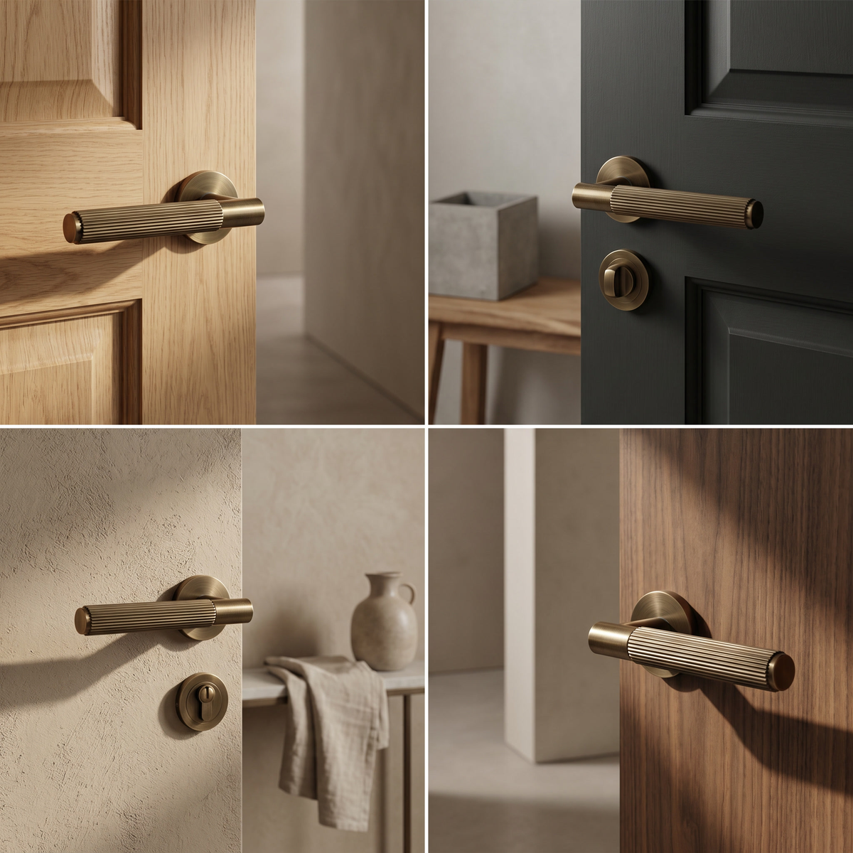 Hera Antique Brass Passage Door Lever Handles – fitted on an interior door in a styled room setting 13
