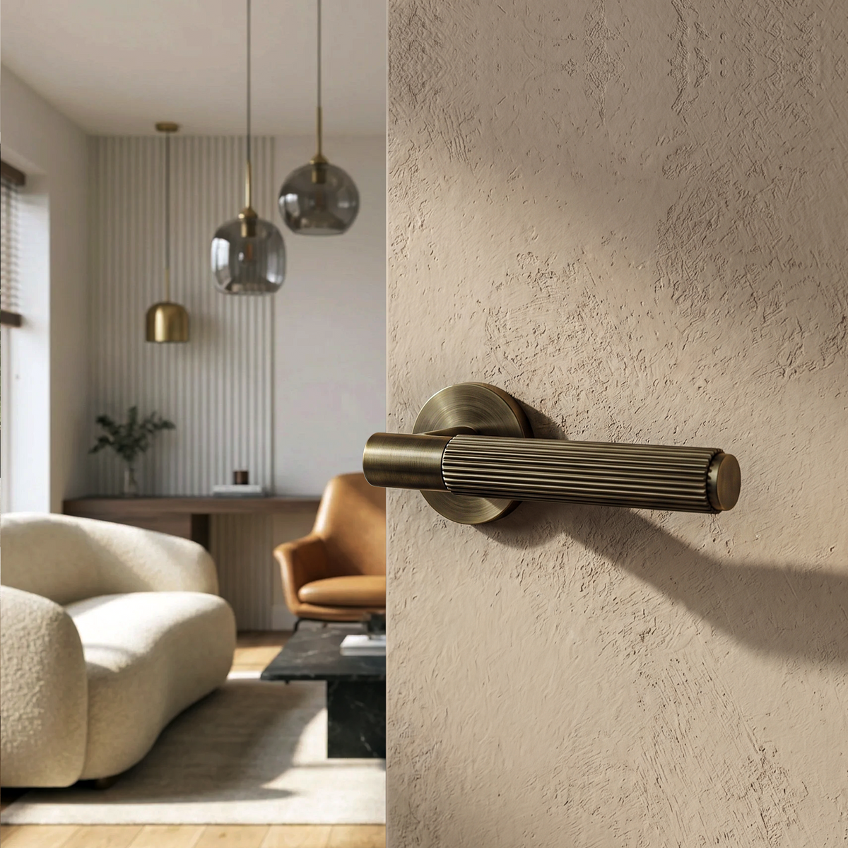 Hera Antique Brass Door Lever Handles – fitted on an interior door in a styled room setting 3