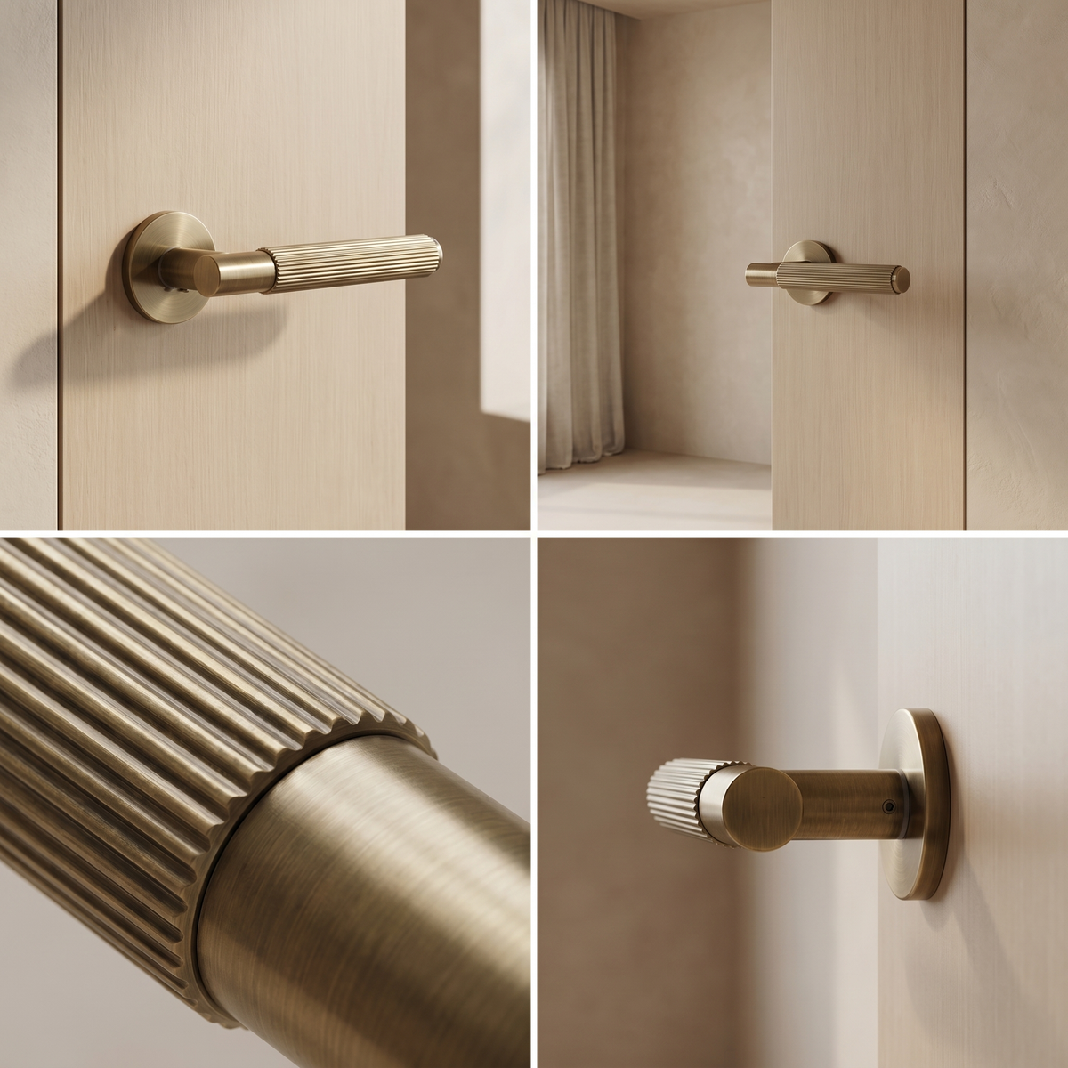 Hera Antique Brass Passage Door Lever Handles – fitted on an interior door in a styled room setting 4