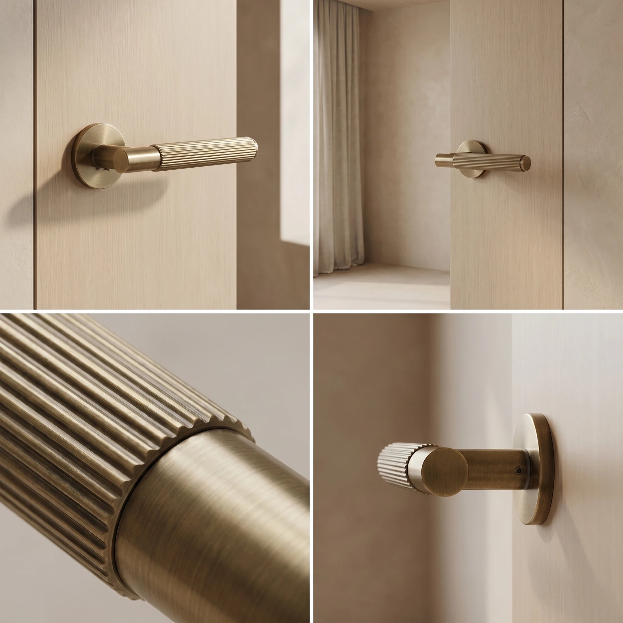 Hera Antique Brass Privacy Door Handles – fitted on an interior door in a styled room setting 4