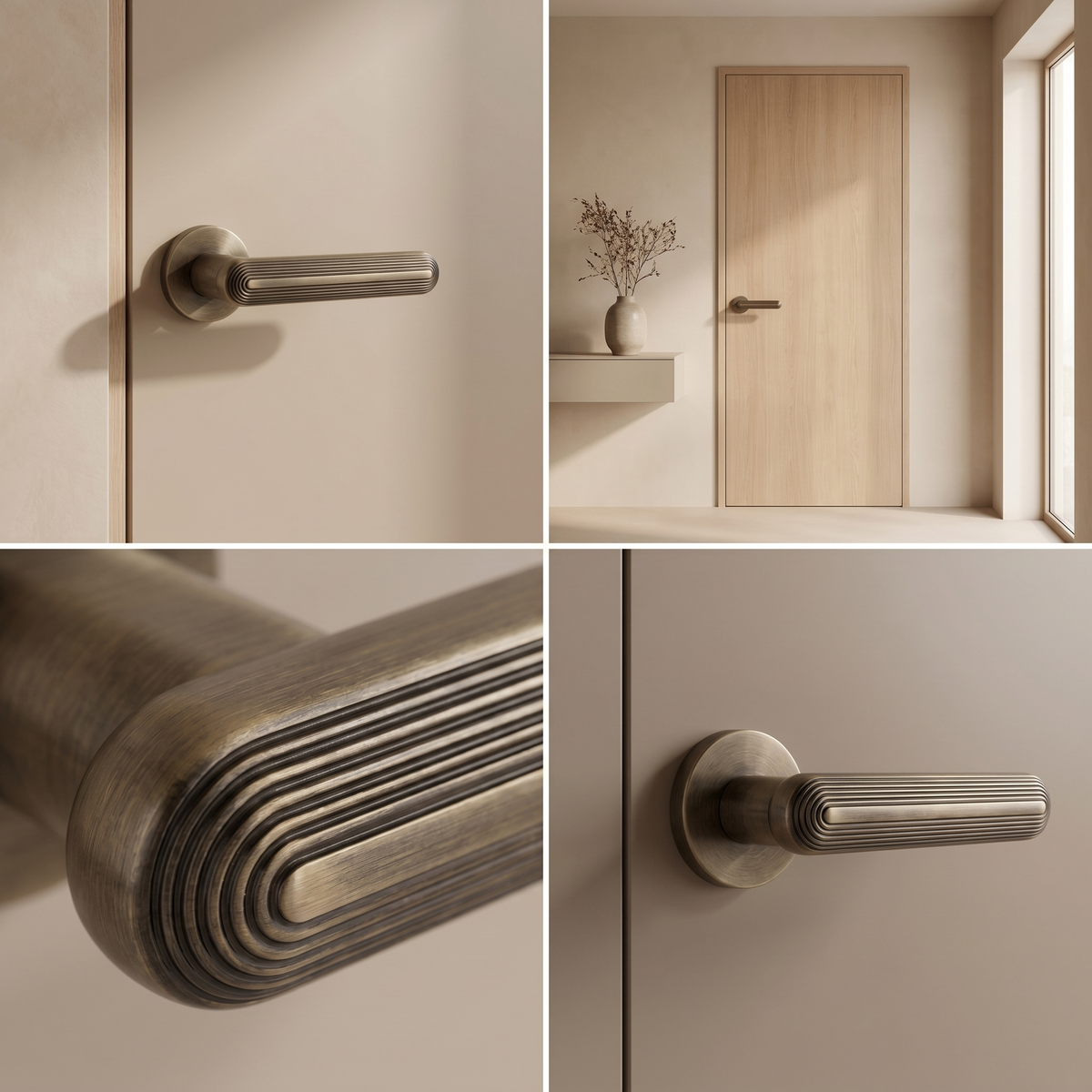 Hera Antique Brass Bathroom Door Lever Handles – fitted on an interior door in a styled room setting 5