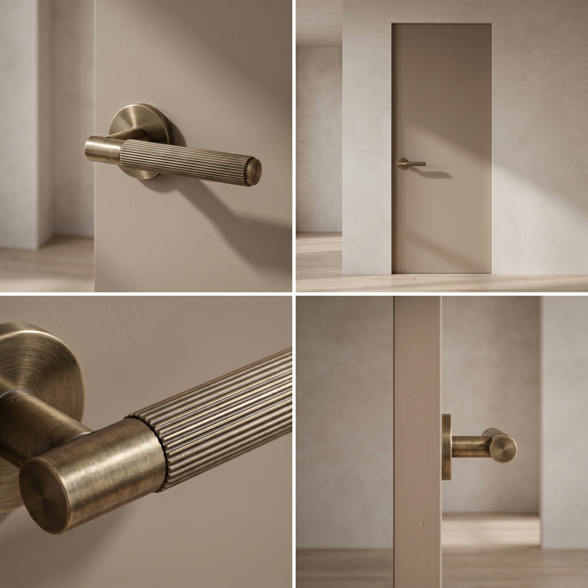 Hera Antique Brass Door Lever Handles – fitted on an interior door in a styled room setting 6
