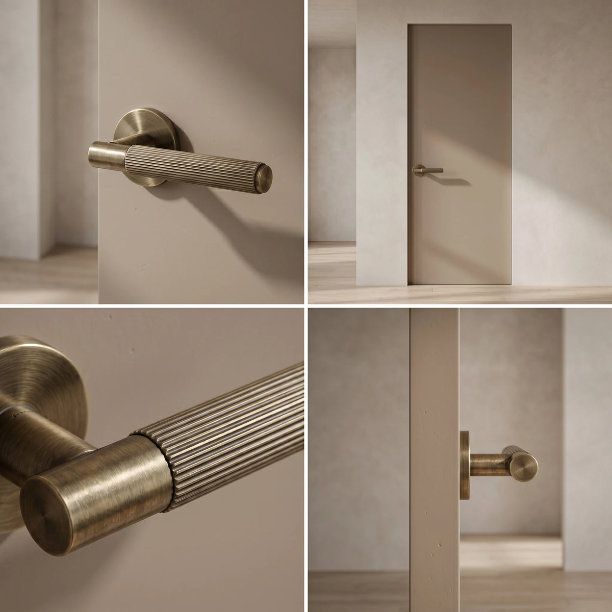 Hera Antique Brass Passage Door Handles – fitted on an interior door in a styled room setting 6