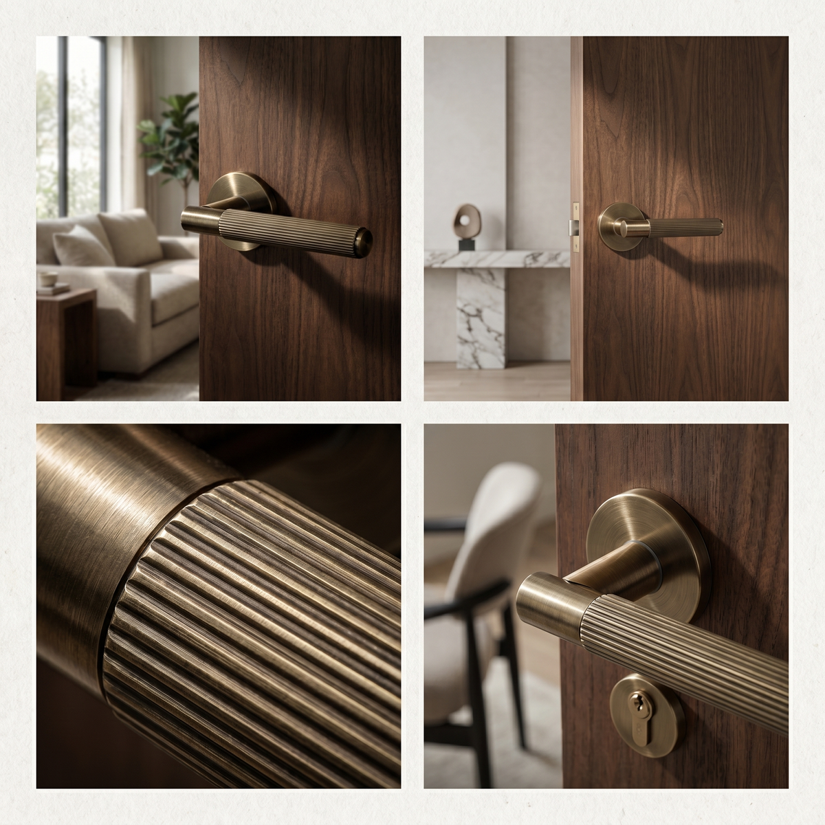 Hera Antique Brass Passage Door Lever Handles – fitted on an interior door in a styled room setting 7