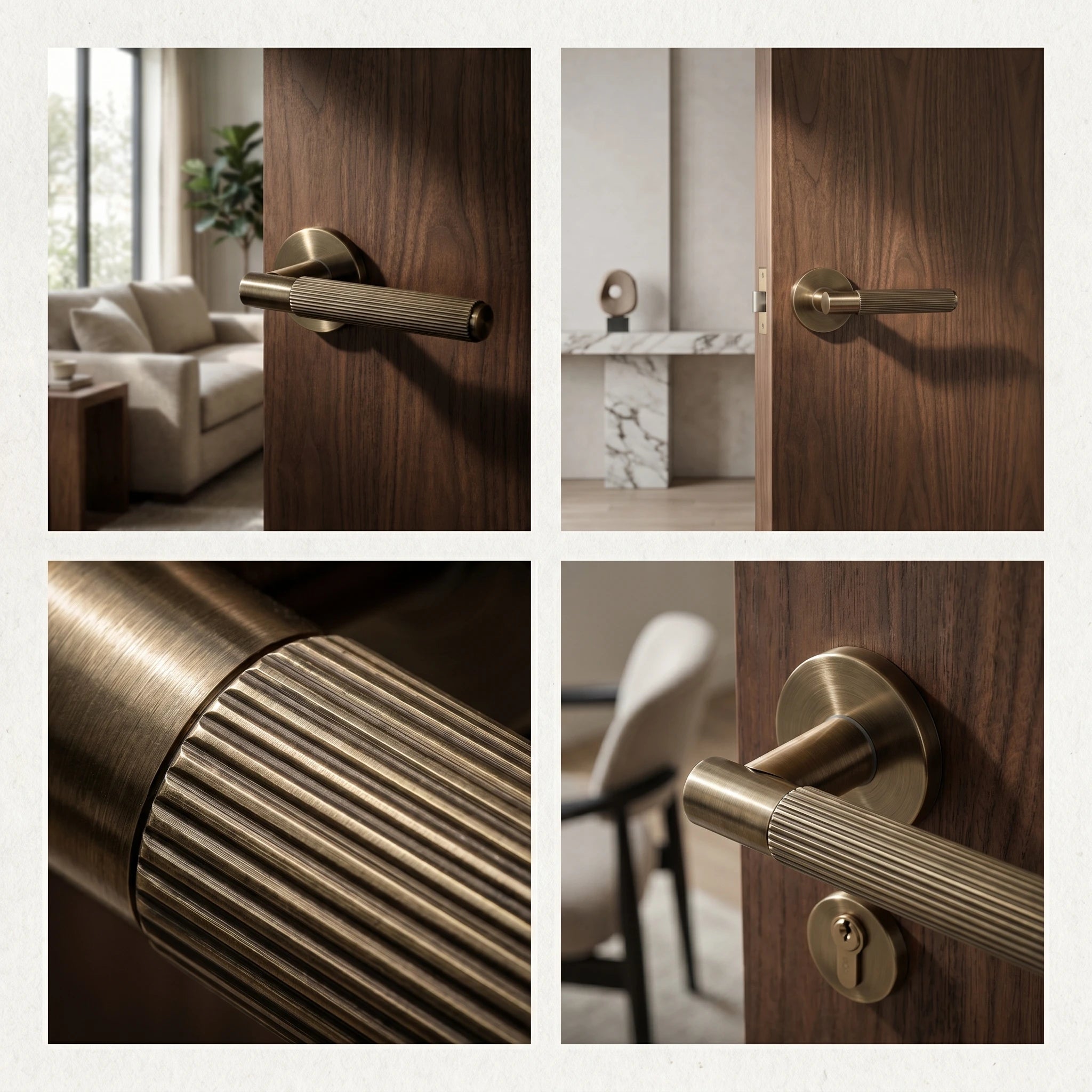 Hera Antique Brass Privacy Door Handles – fitted on an interior door in a styled room setting 7