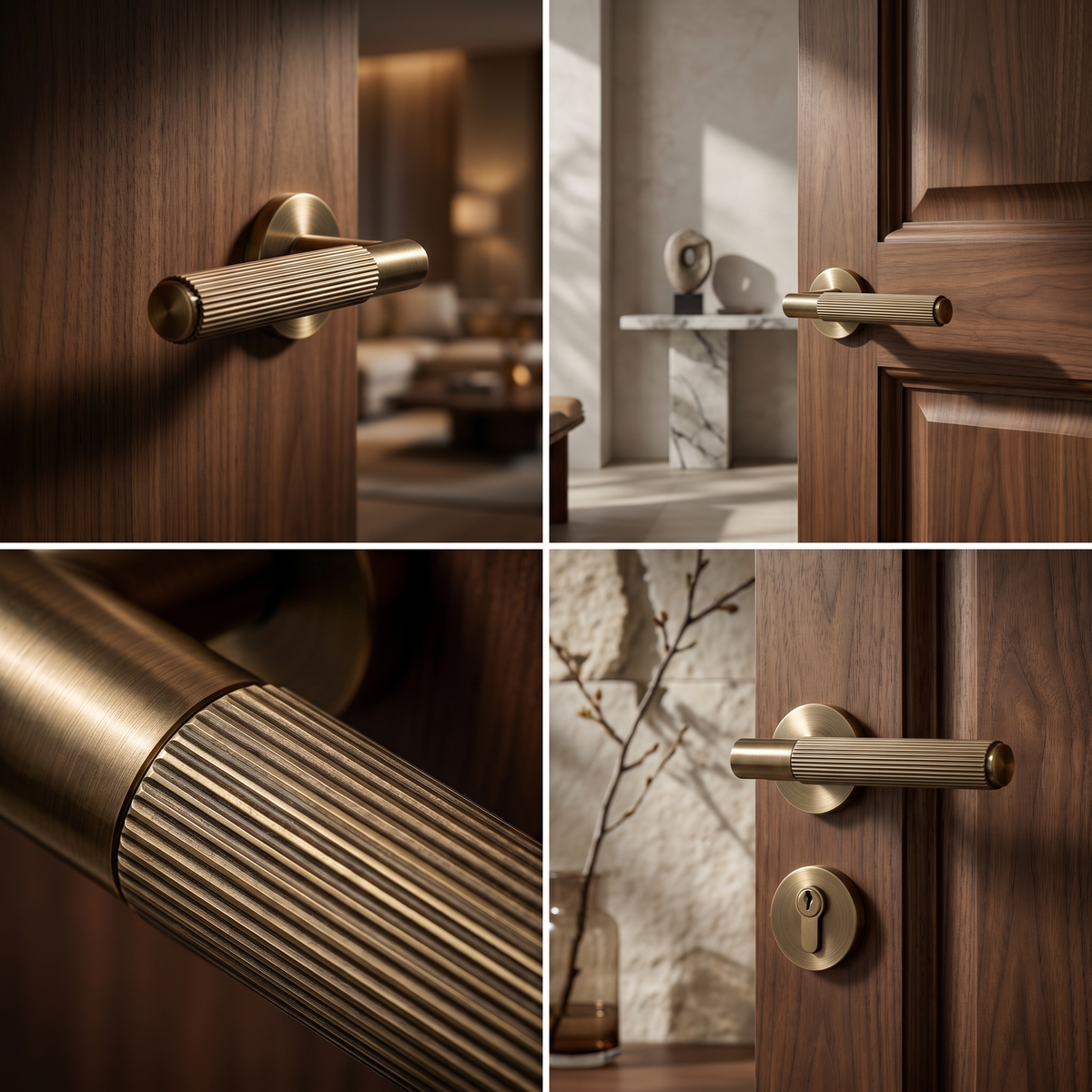 Hera Antique Brass Passage Door Lever Handles – fitted on an interior door in a styled room setting 8