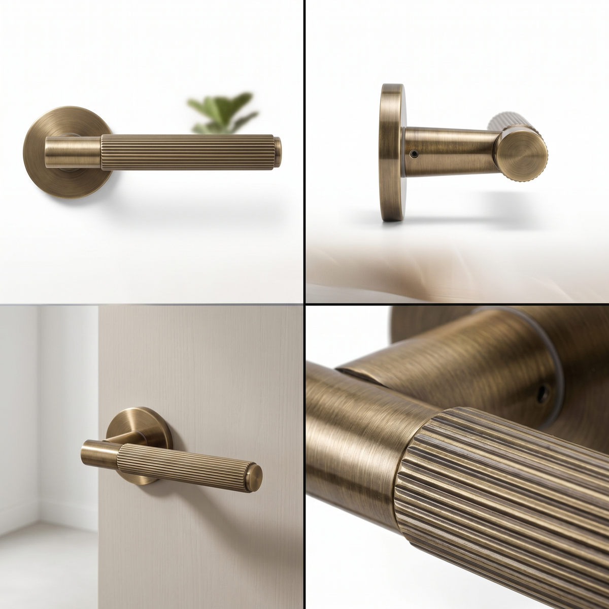 Hera Antique Brass Privacy Door Lever Handles – fitted on an interior door in a styled room setting 9
