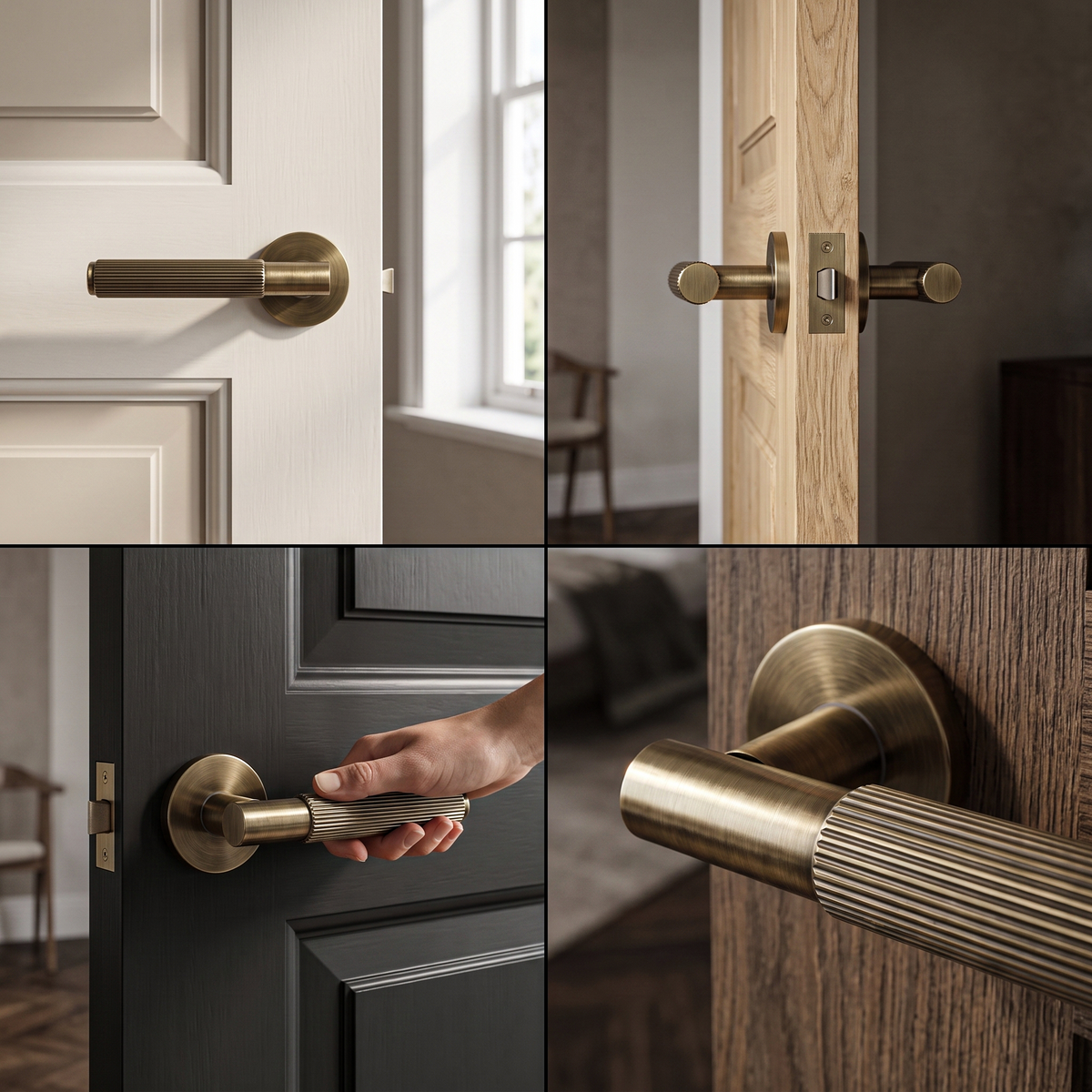 Hera Antique Brass Door Lever Handles – fitted on an interior door in a styled room setting