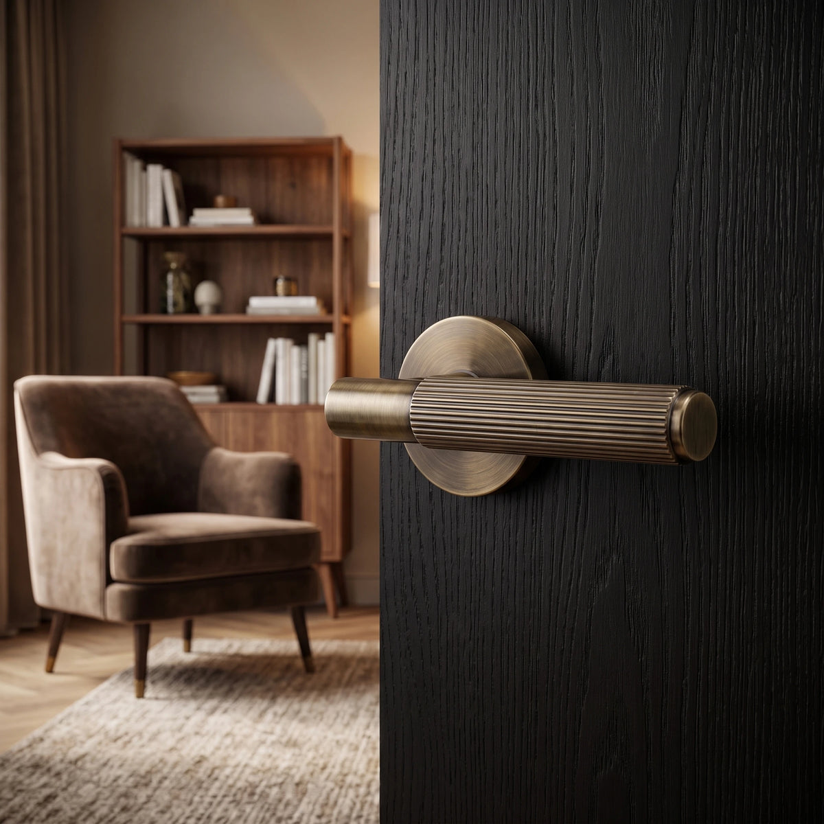 Hera Antique Brass Bathroom Door Handles – fitted on an interior door in a styled room setting 2