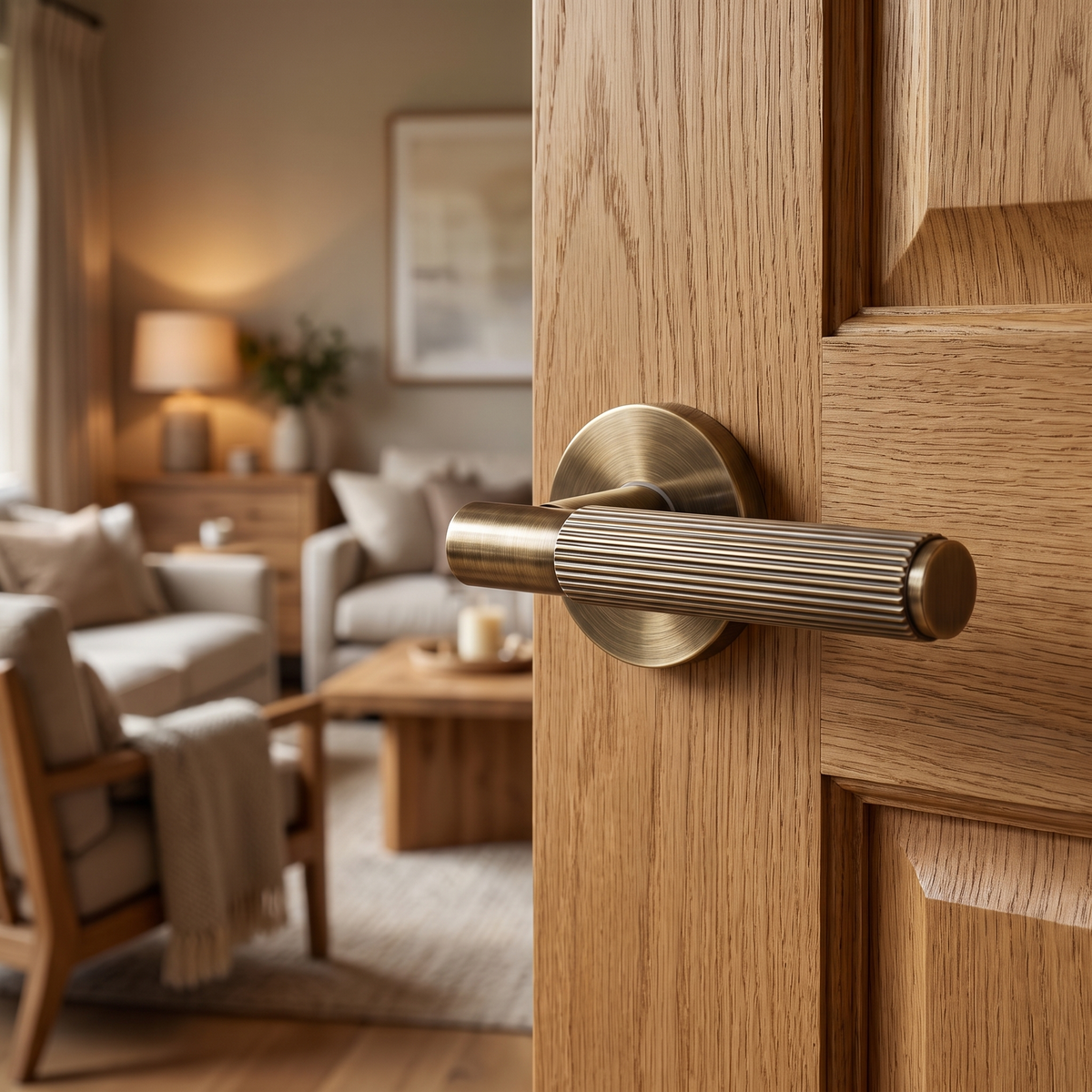 Hera Antique Brass Bathroom Door Lever Handles – fitted on an interior door in a styled room setting 3