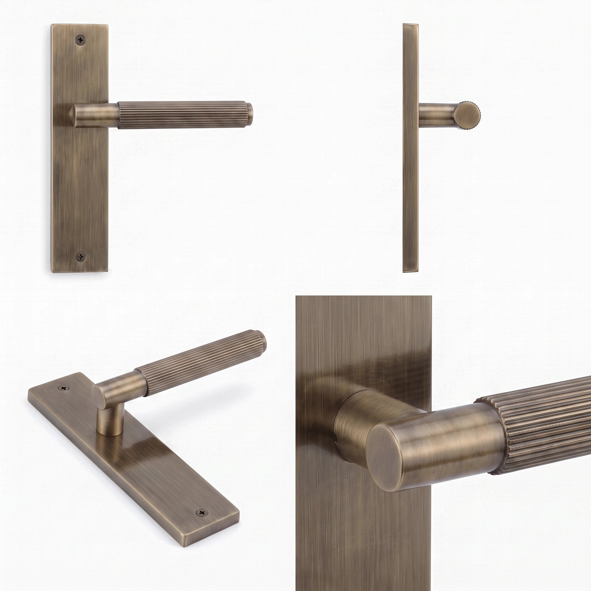 Hera Antique Brass Passage Door Handles on Backplate – shown from multiple angles