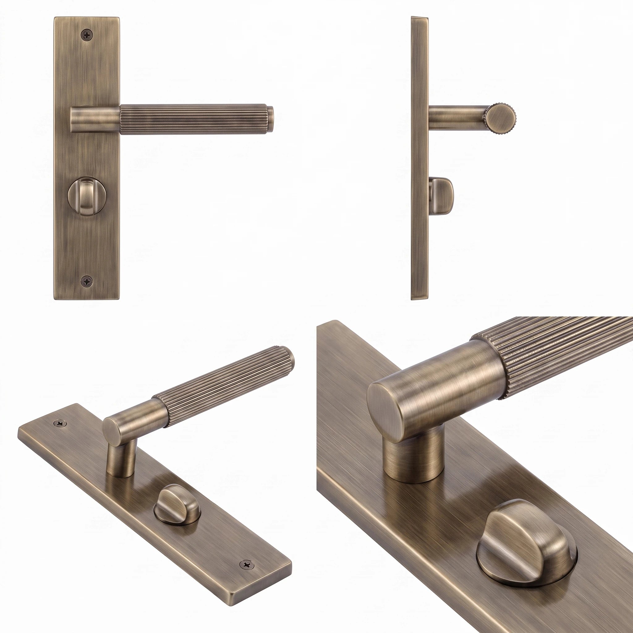 Hera Antique Brass Bathroom Door Handles on Backplate – shown from multiple angles