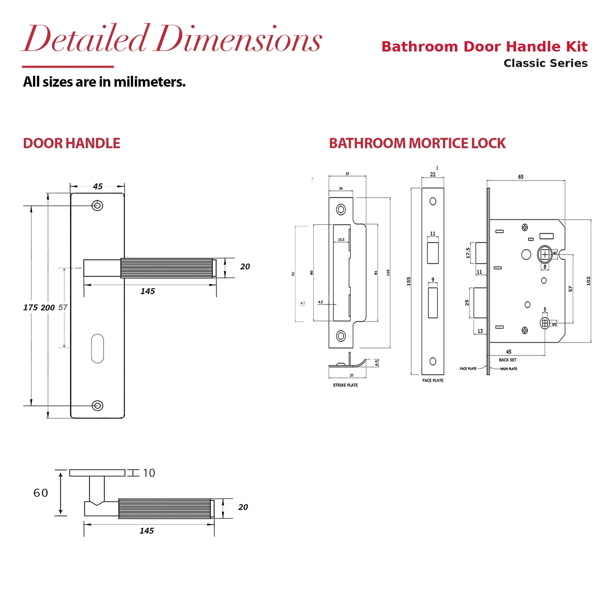 Hera Antique Brass Bathroom Door Handles on Backplate – dimensions and measurements diagram