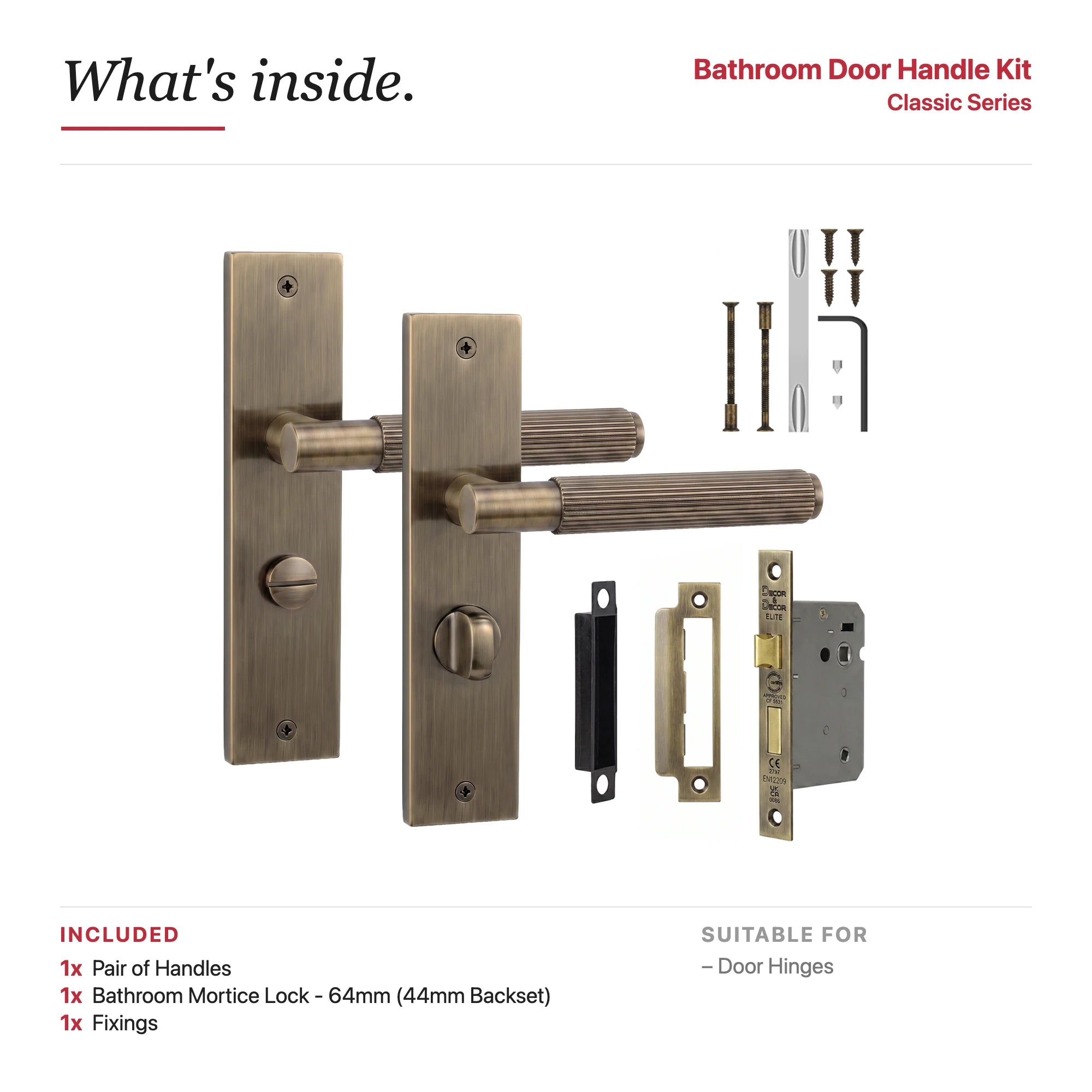 Hera Antique Brass Bathroom Door Handles on Backplate – showing what's included in the box