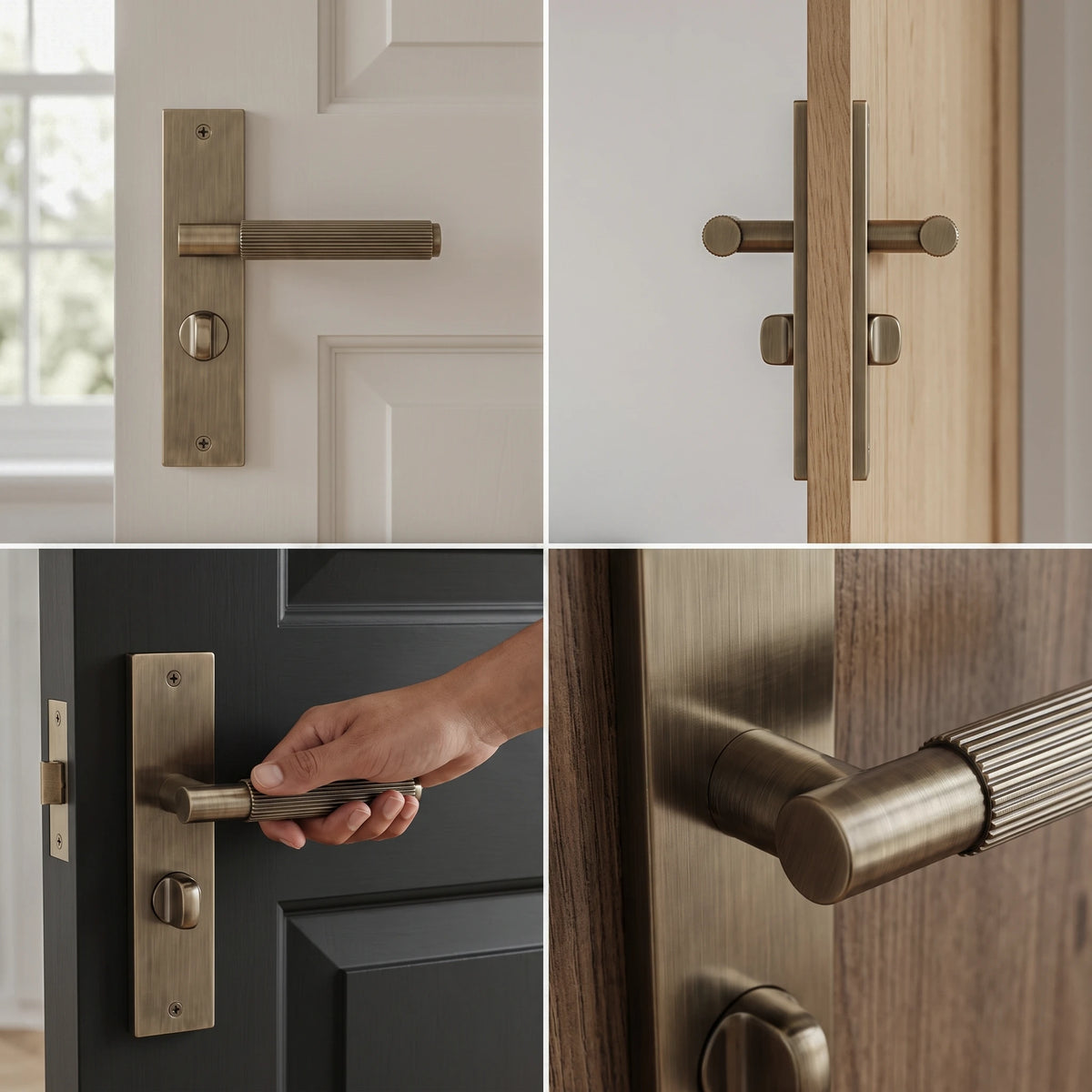 Hera Antique Brass Bathroom Door Handles on Backplate – fitted on an interior door in a styled room setting