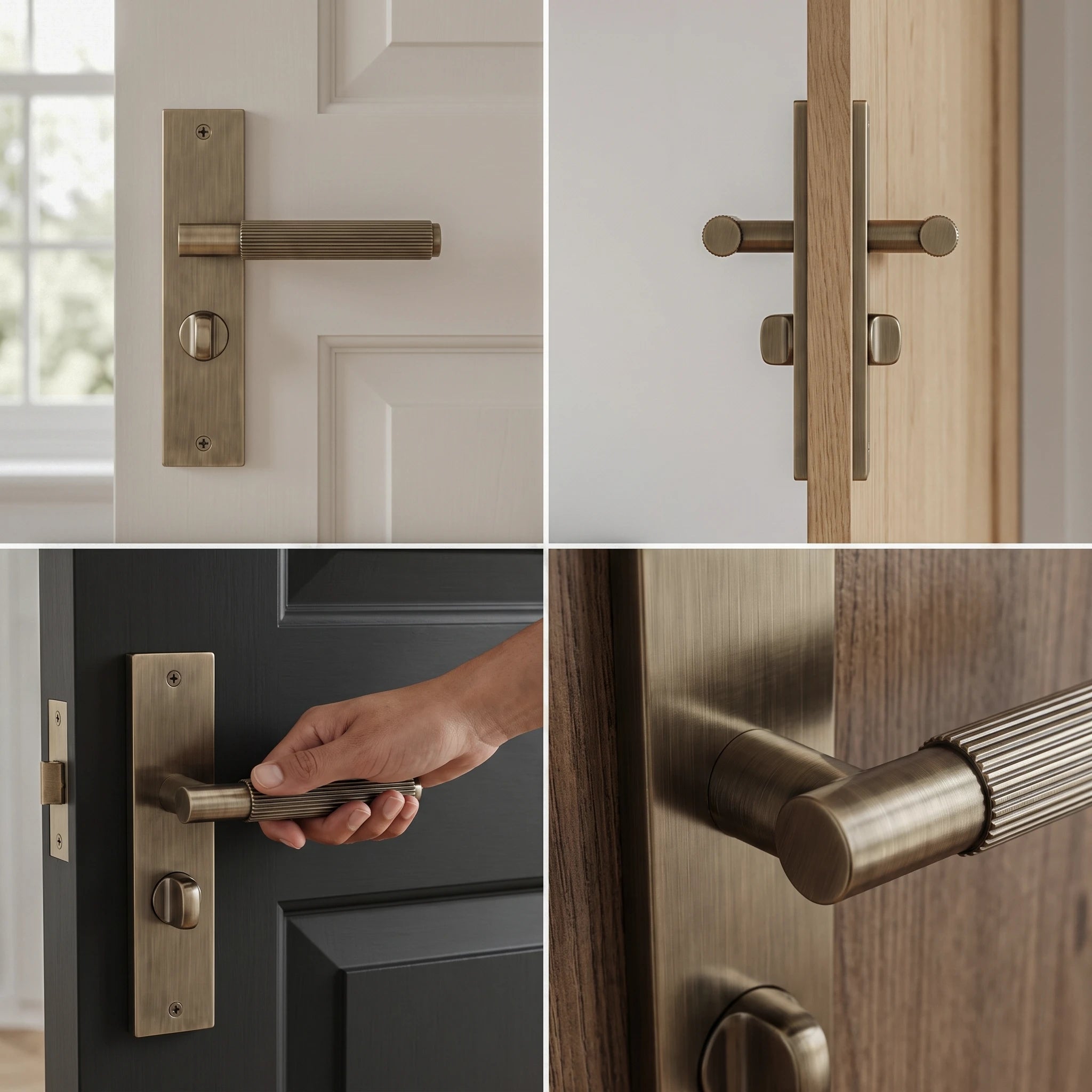 Hera Antique Brass Bathroom Door Handles on Backplate – fitted on an interior door in a styled room setting
