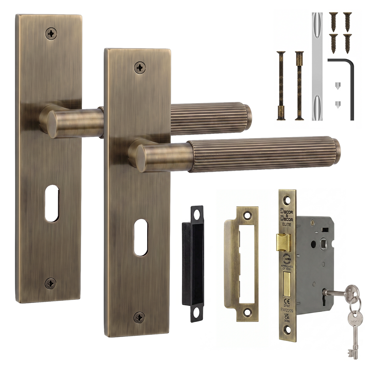 Hera Antique Brass Privacy Door Lever Handles on Backplate - Sash Lock Kit 76mm