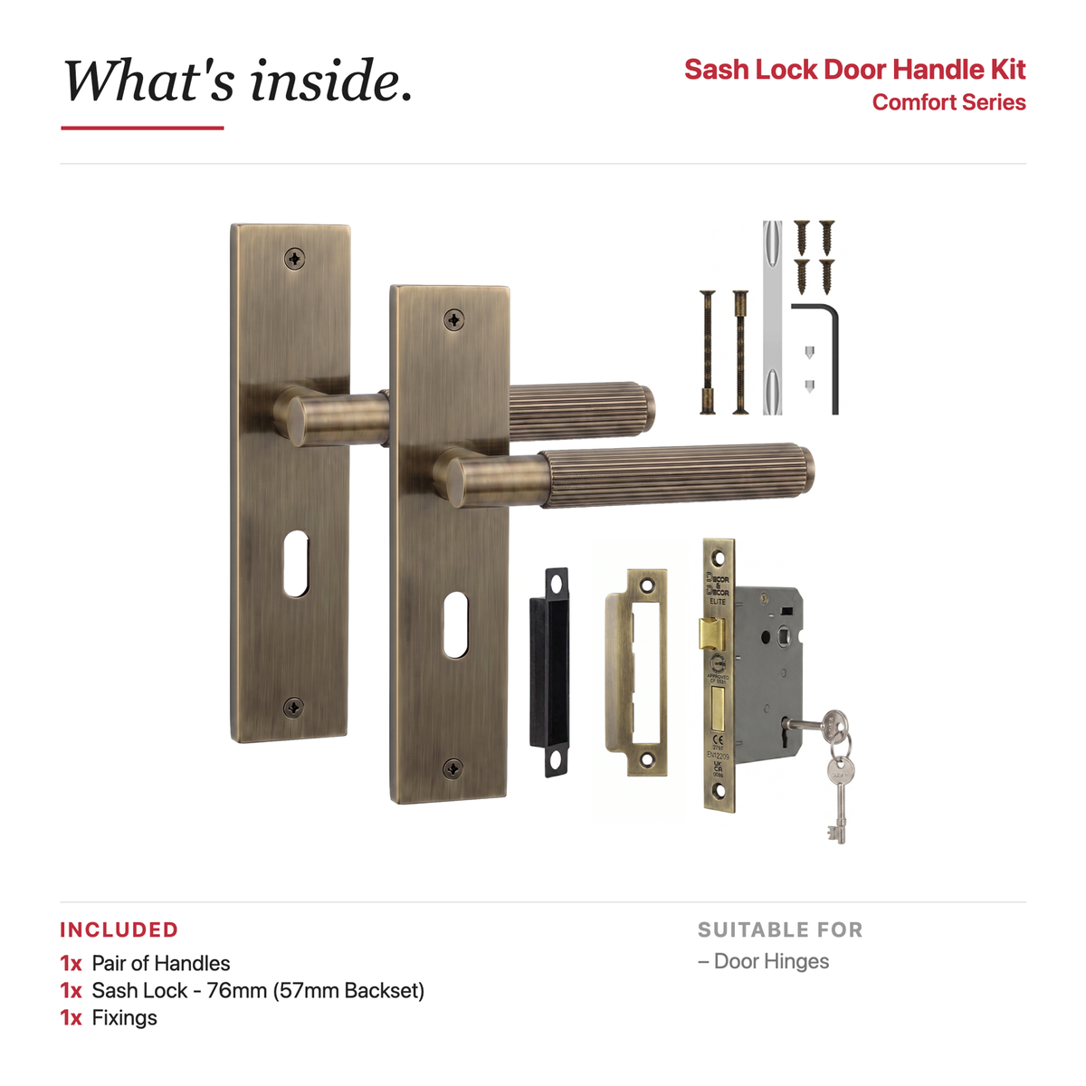 Hera Antique Brass Privacy Door Lever Handles on Backplate – showing what's included in the box