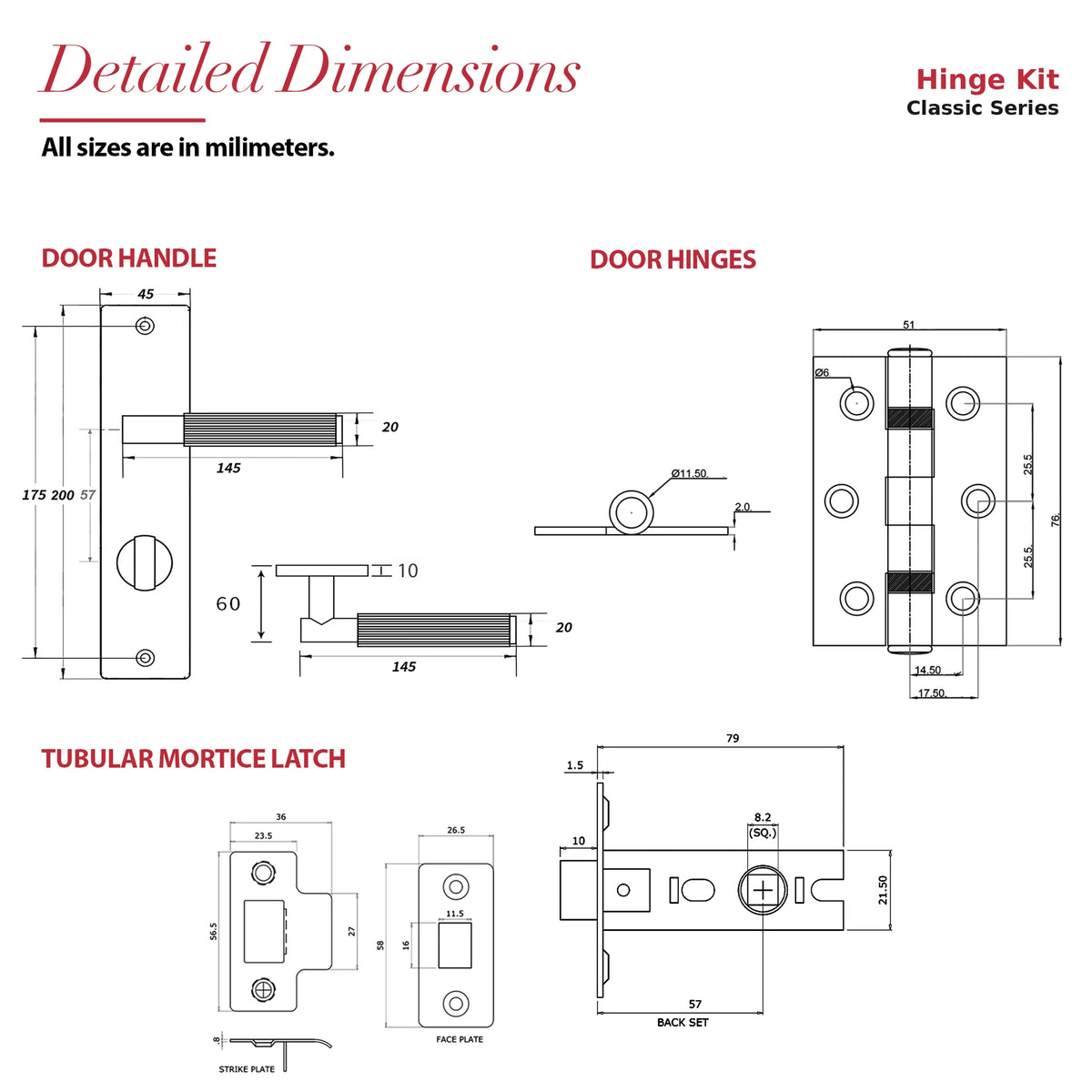 Hera Antique Brass Passage Door Handles on Backplate – dimensions and measurements diagram