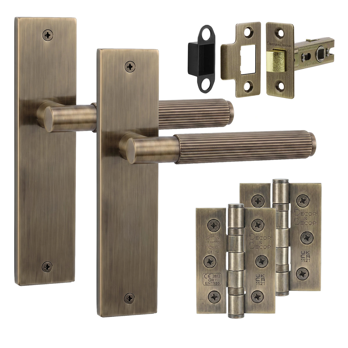 Hera Antique Brass Passage Door Handles on Backplate - Latch and Hinge Set