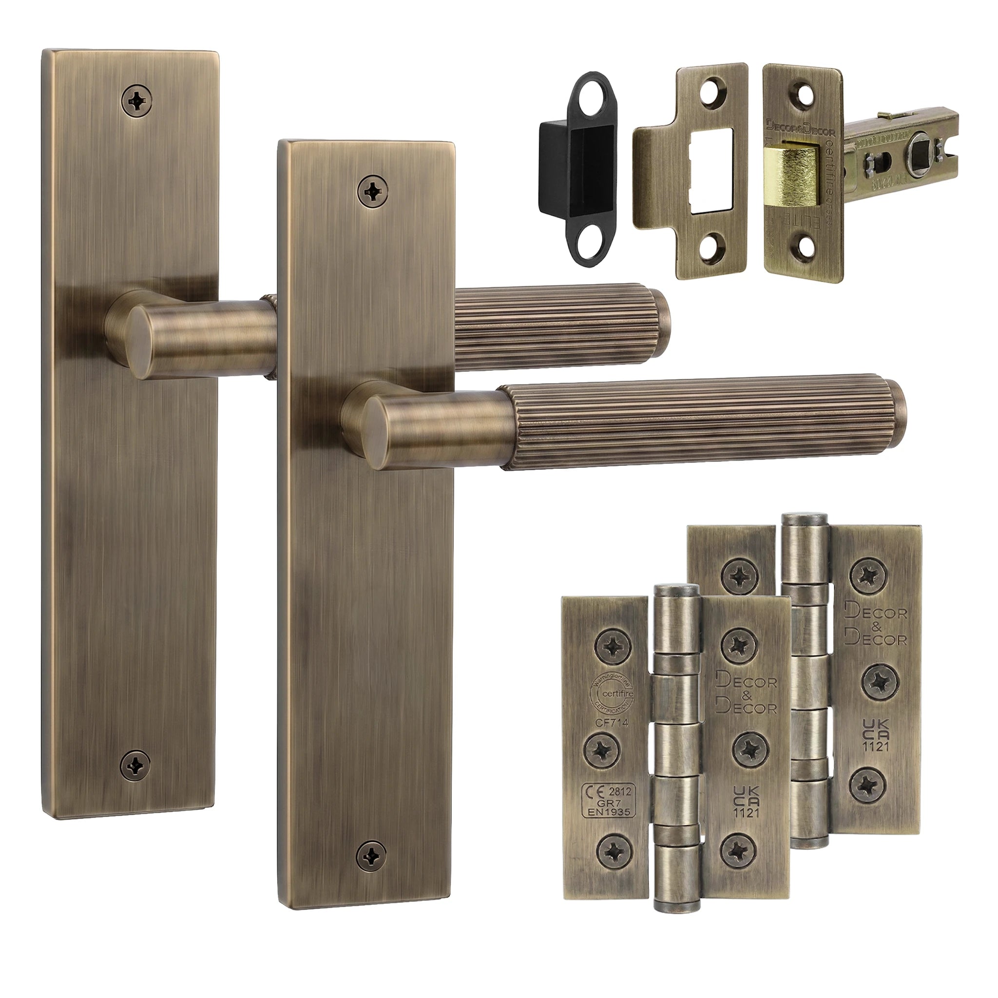 Hera Antique Brass Passage Door Handles on Backplate - Latch and Hinge Set