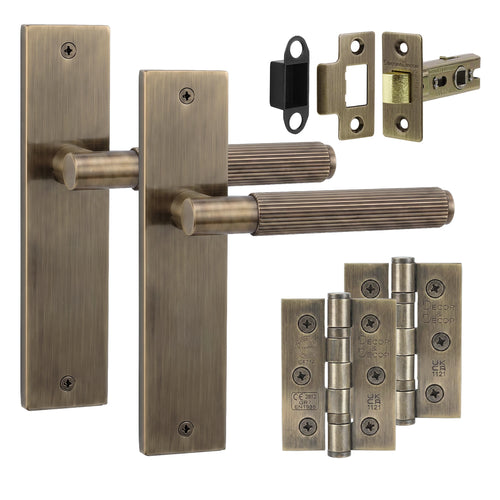 Hera Antique Brass Passage Door Handles on Backplate - Latch and Hinge Set