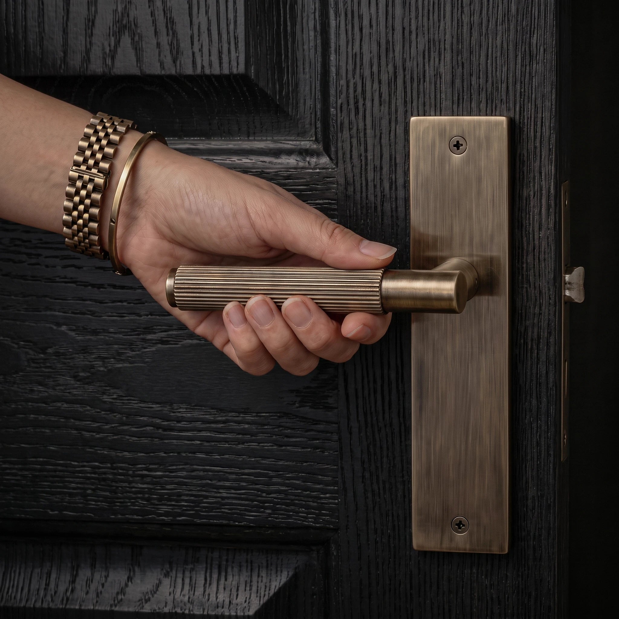 Hera Door Handle on Backplate – held in hand to show the size and finish