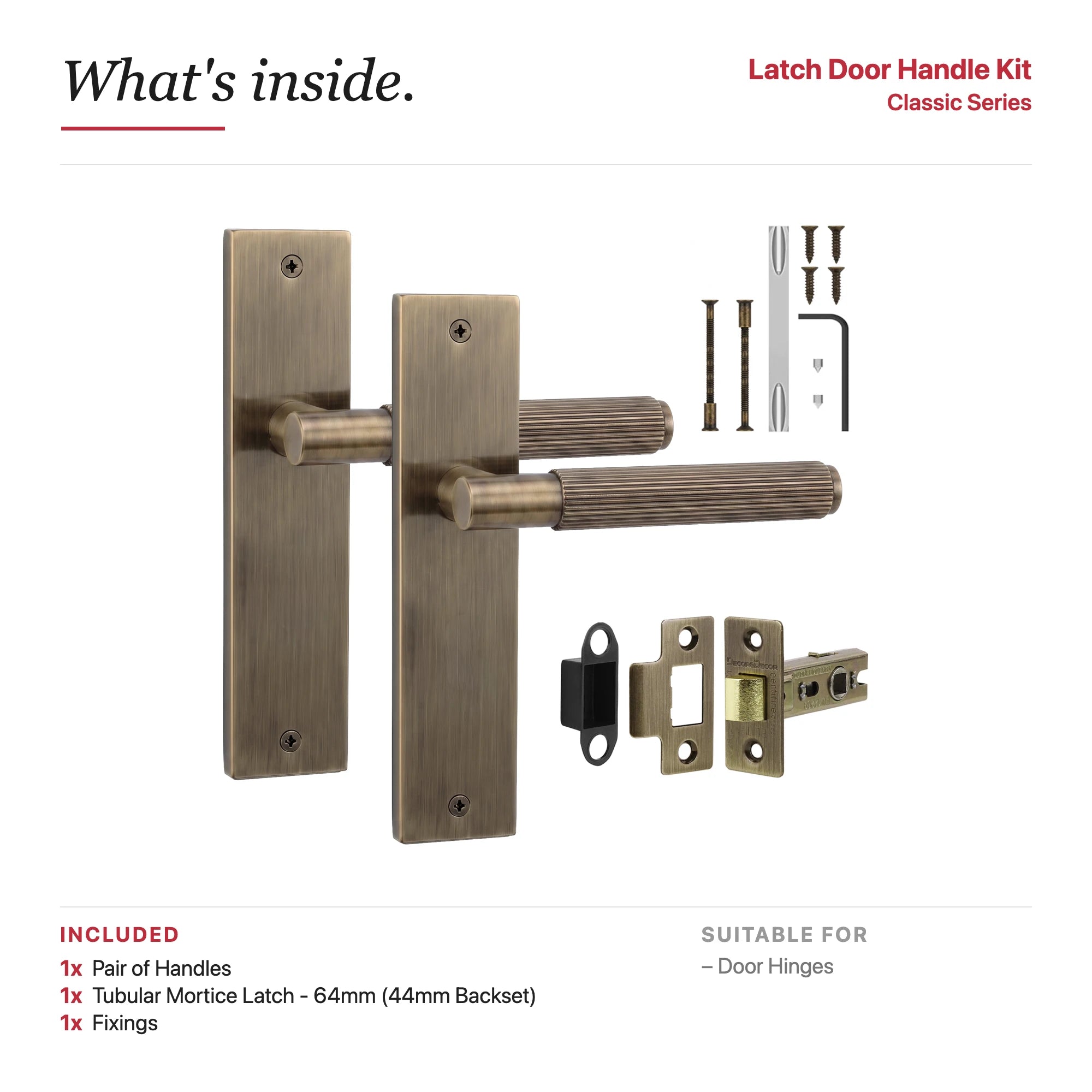 Hera Antique Brass Passage Door Handles on Backplate – showing what's included in the box